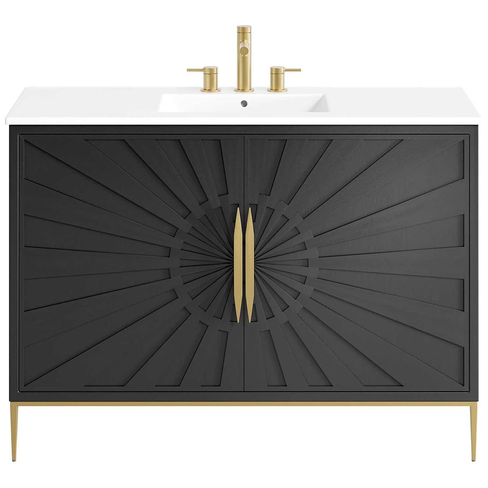 Broad vanity highlights a bold sunburst facade, gold hardware, and a seamless ceramic top. || EEI-6301-WHI-BLK || front_studio