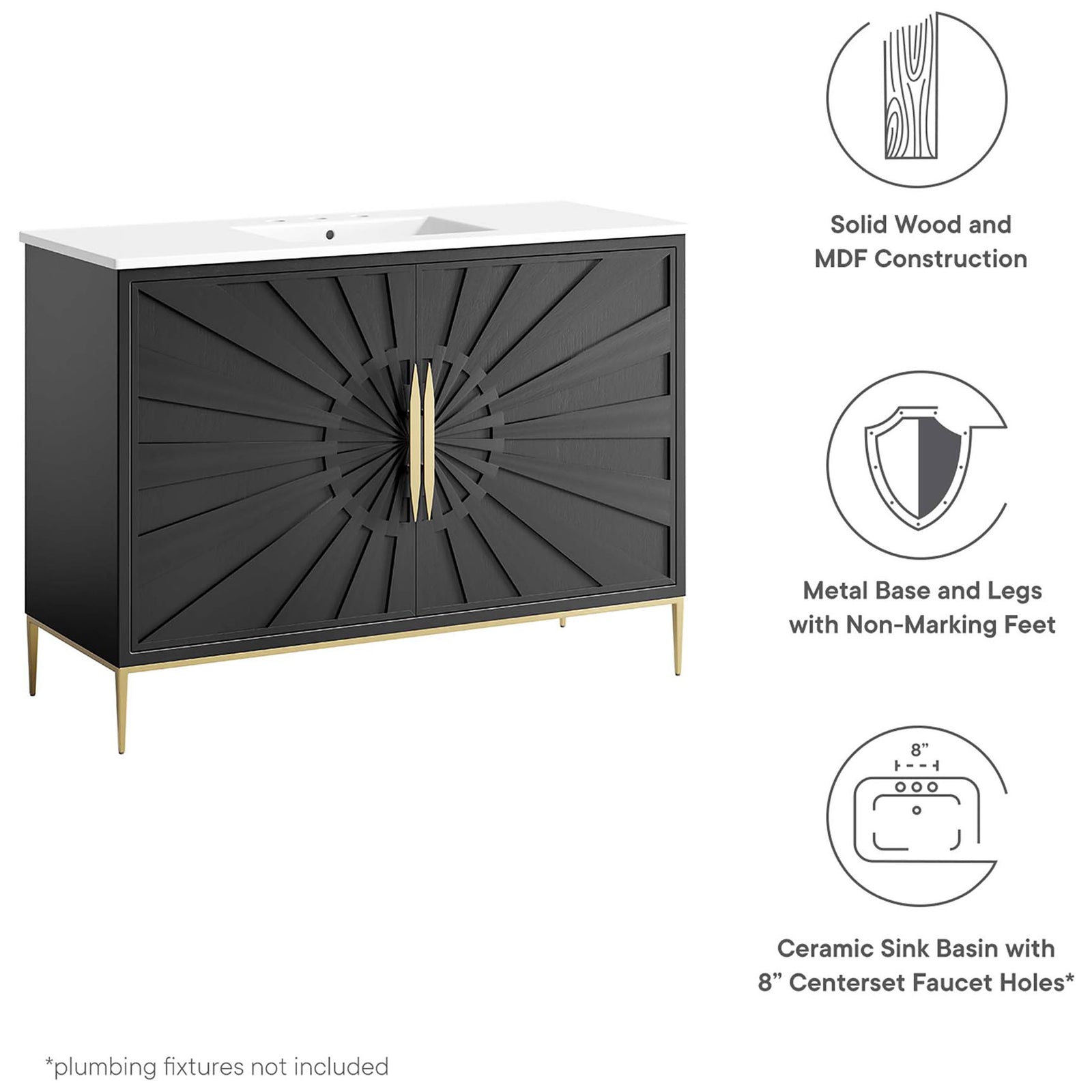 Solid wood and MDF cabinet on metal legs with a ceramic sink basin. || EEI-6301-WHI-BLK || callout_studio
