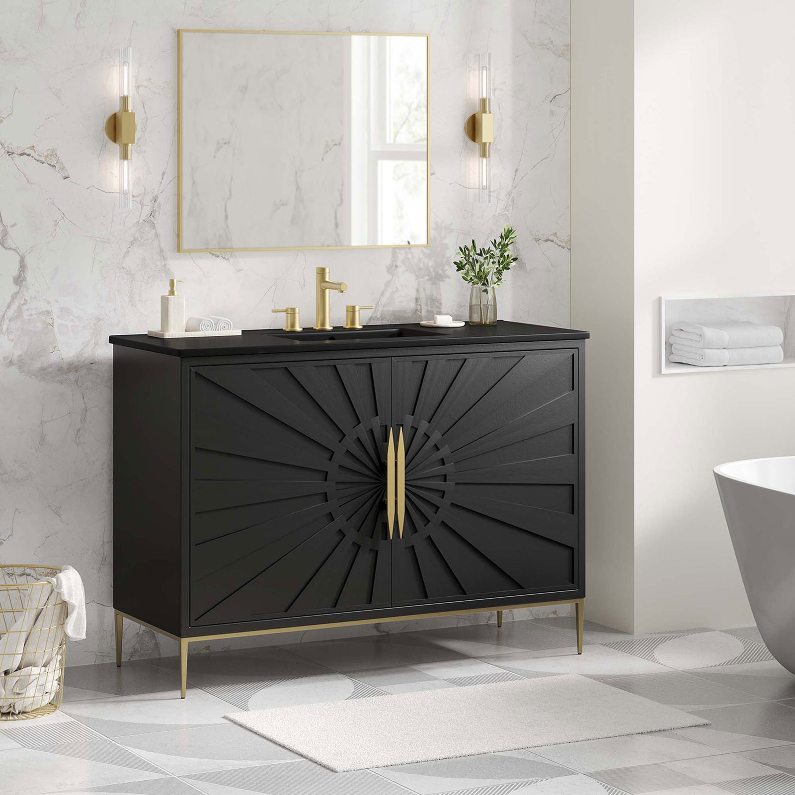 Grand presence elevates the bath with luxe black finish and gold highlights || EEI-6303-BLK-BLK || front_room