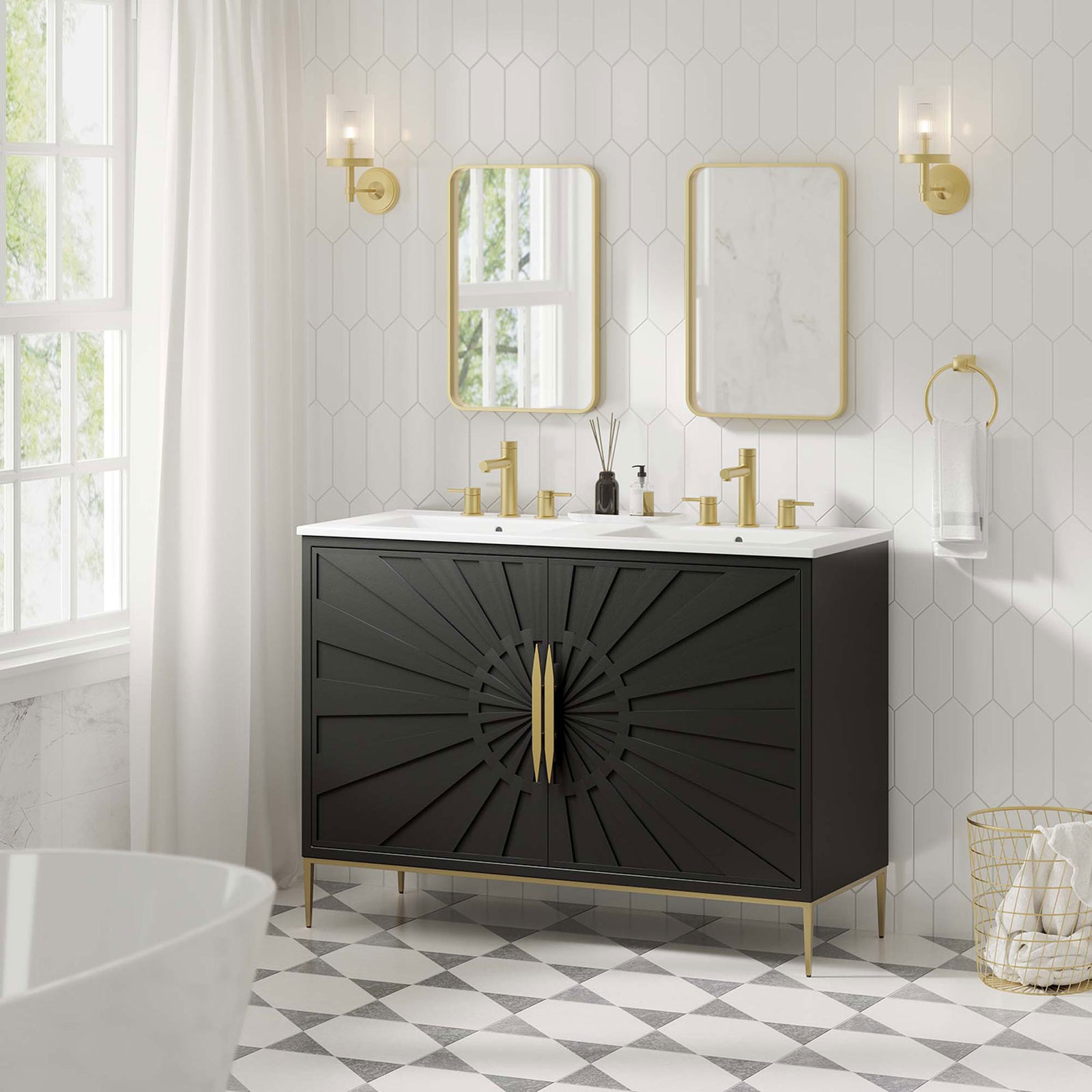 Elevates the bath with luxe gold accents and a striking radial door pattern || EEI-6305-WHI-BLK || front_angle_room
