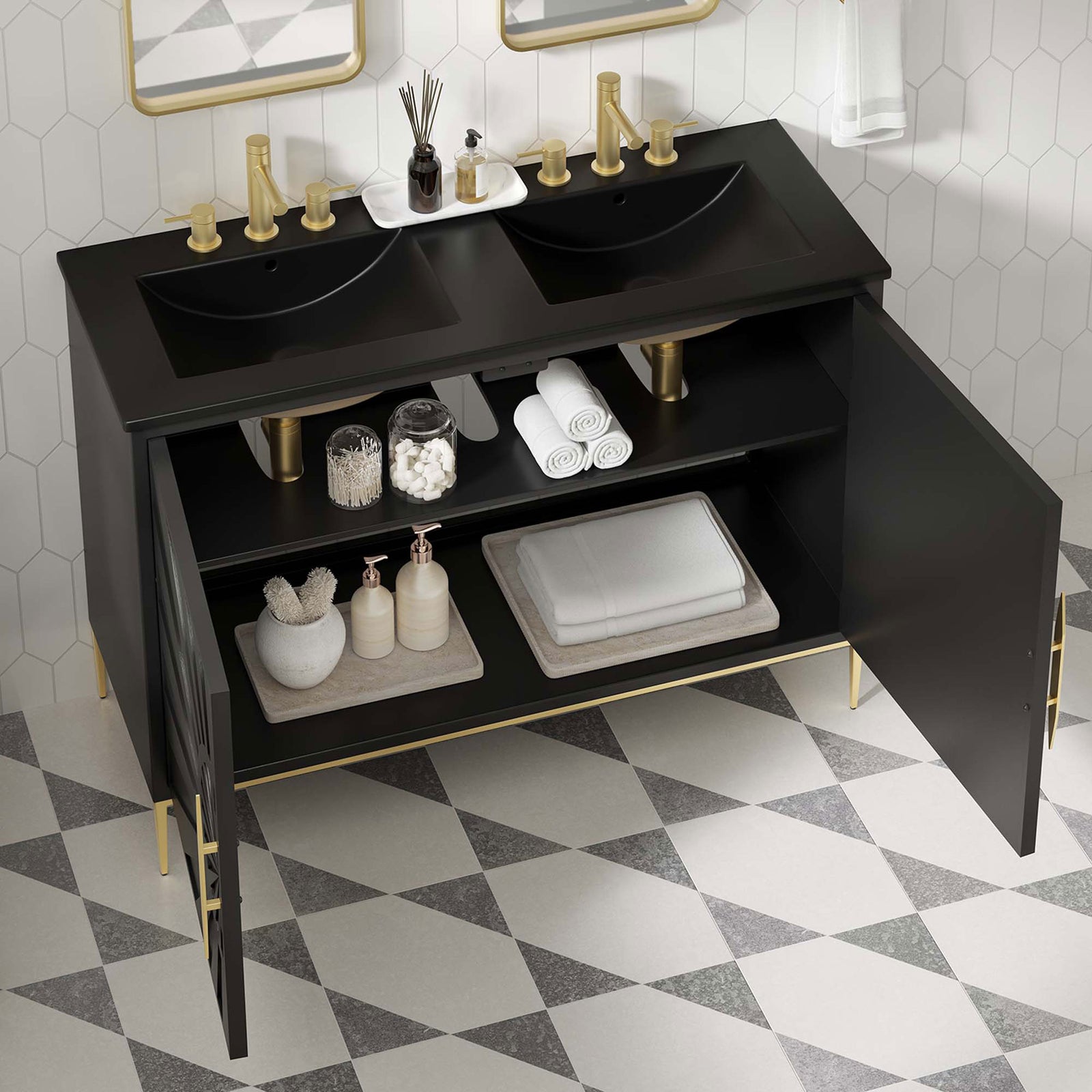 Accessible storage keeps towels and essentials tidy beneath the sleek double sinks || EEI-6307-BLK-BLK || top_open_room