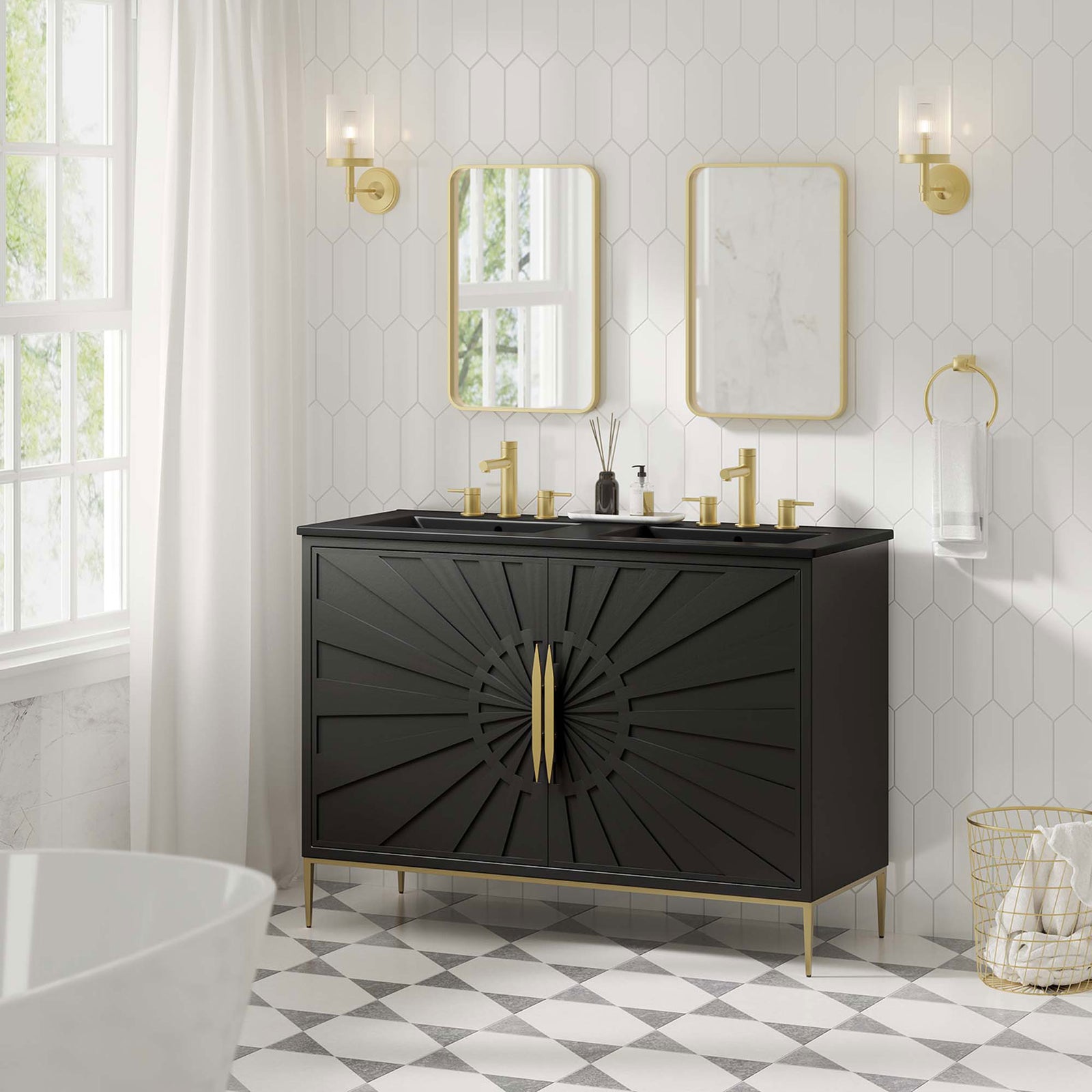 Showstopping black vanity with gold accents and a radiant sunburst door design || EEI-6307-BLK-BLK || front_room