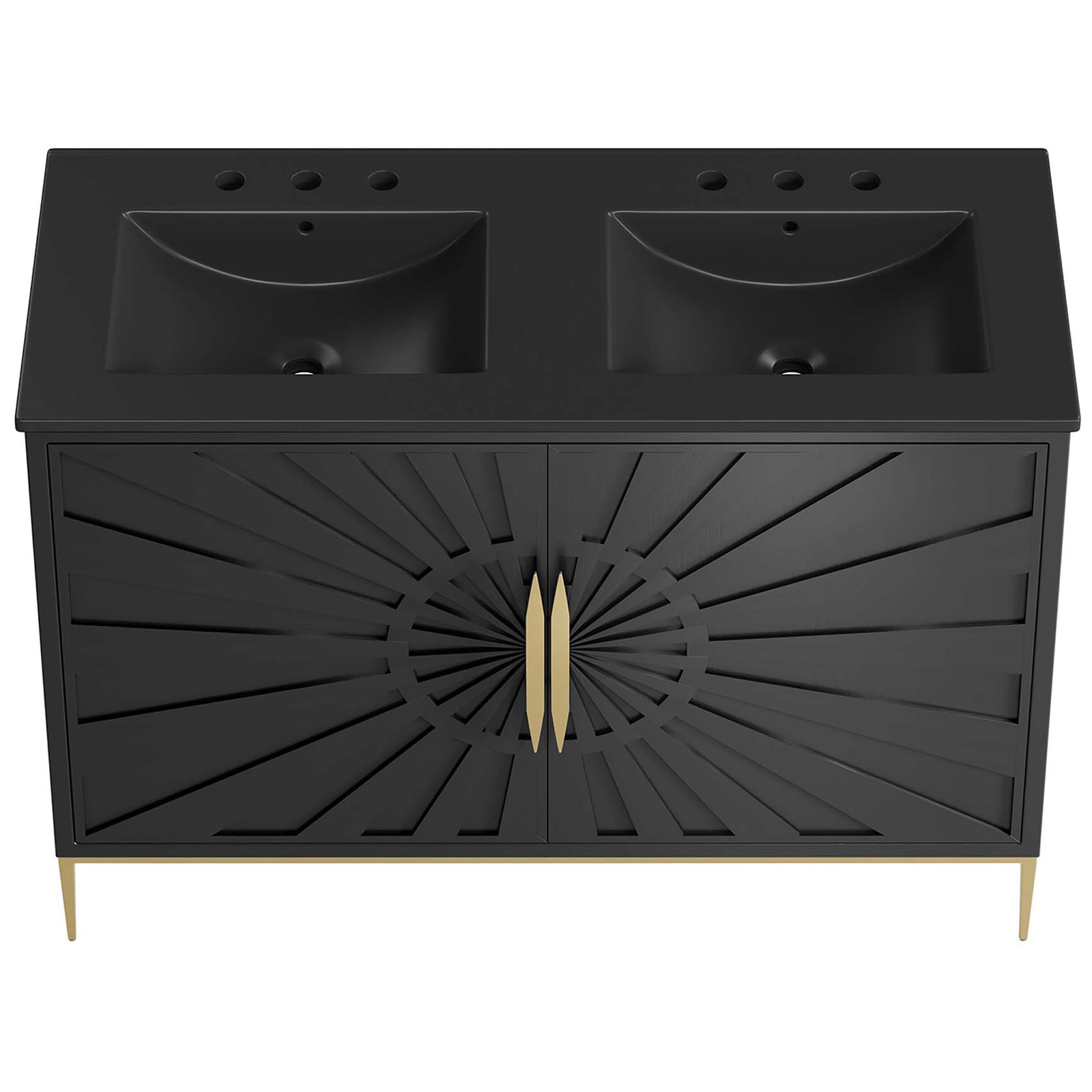 Ceramic double sinks with crisp edges and pre-drilled faucet holes atop a striking black vanity || EEI-6307-BLK-BLK || top_studio