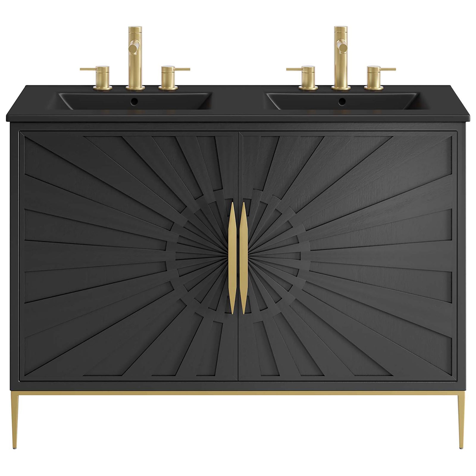 Modern glam appeal with sculptural gold hardware and dual integrated sinks on a sleek black cabinet || EEI-6307-BLK-BLK || front_studio