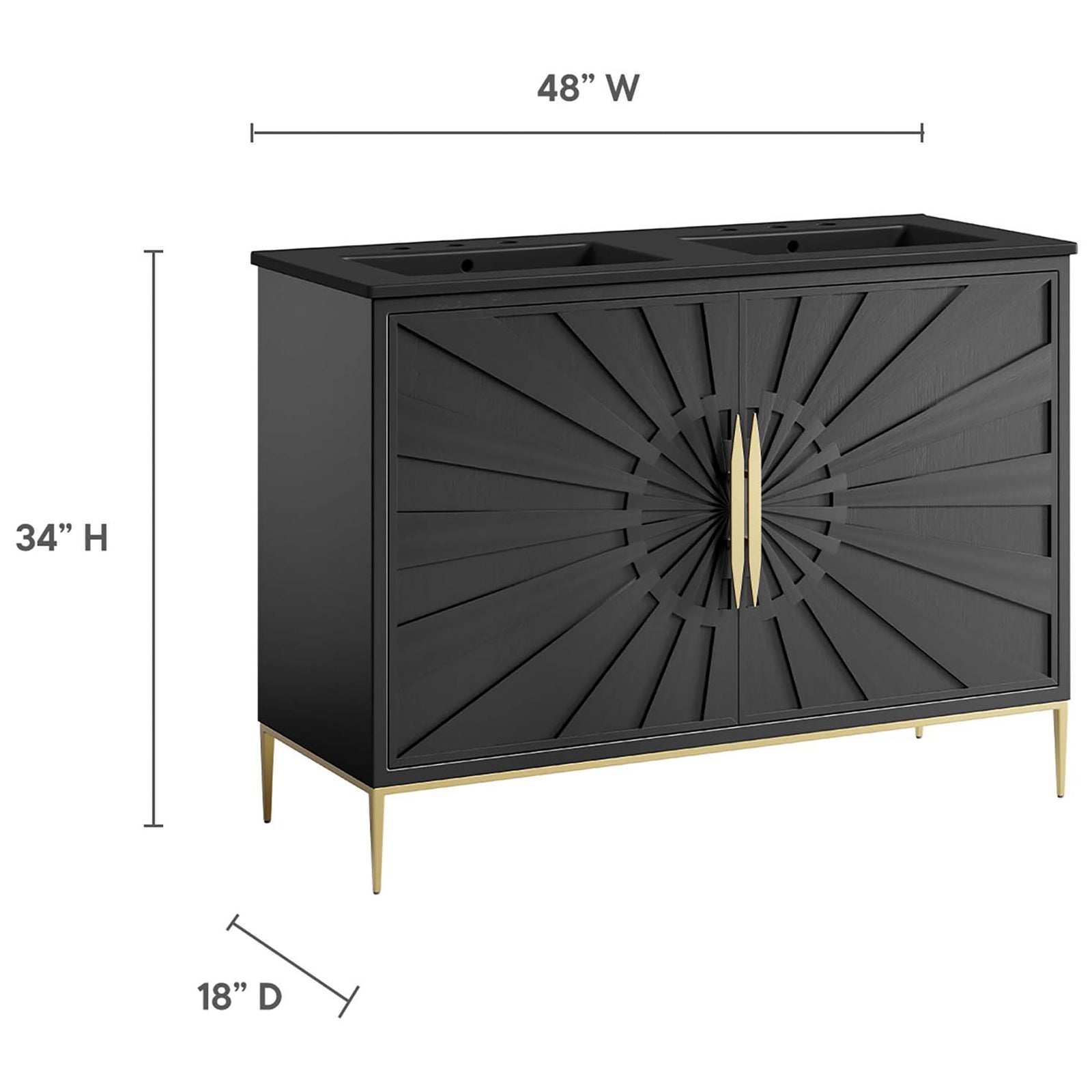 48-inch double-sink vanity stands 34 inches tall and 18 inches deep for balanced proportions || EEI-6307-BLK-BLK || dimension_studio