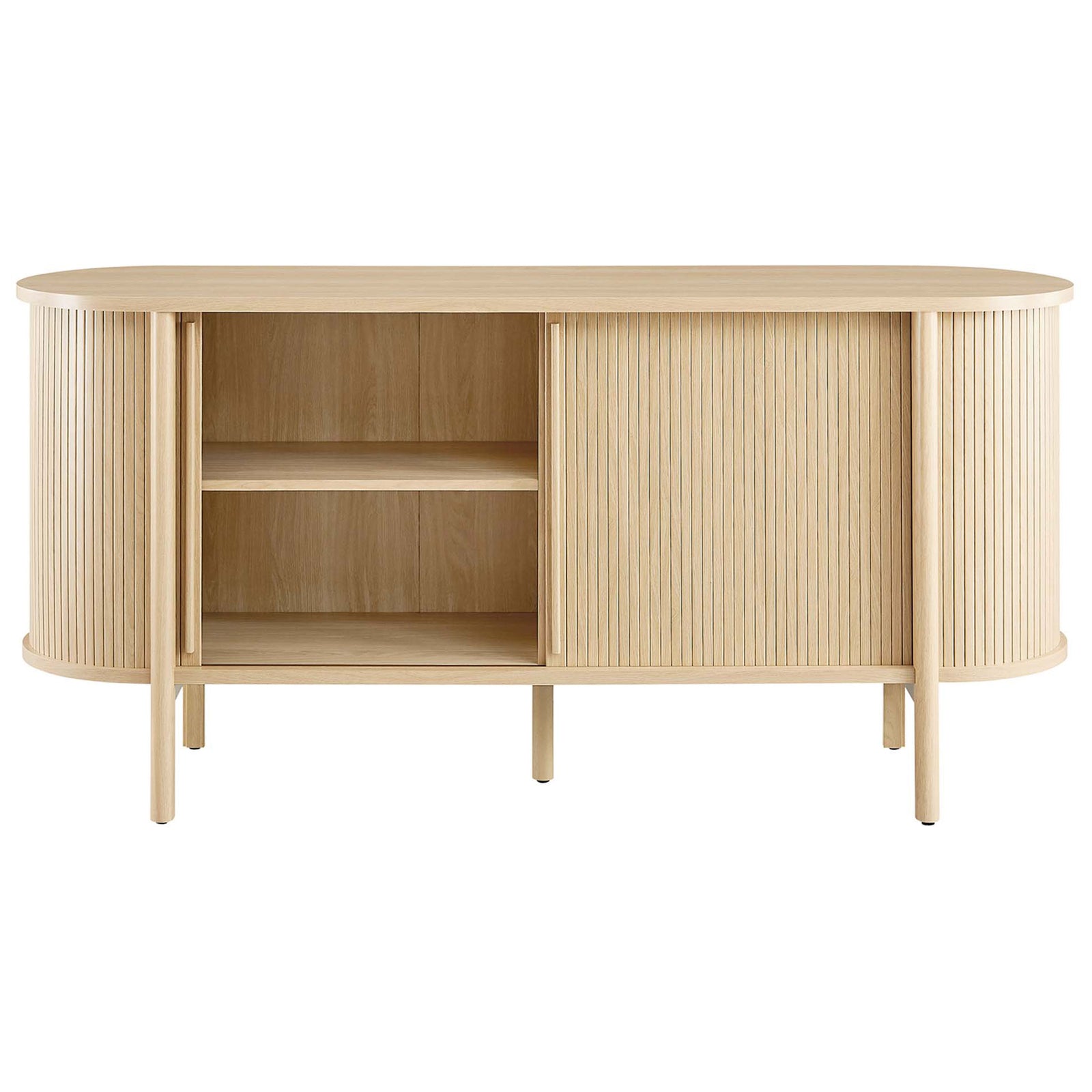 Sideboard with left sliding door open to reveal adjustable oak-finished shelves for versatile storage. || EEI-6309-OAK || front_open_studio