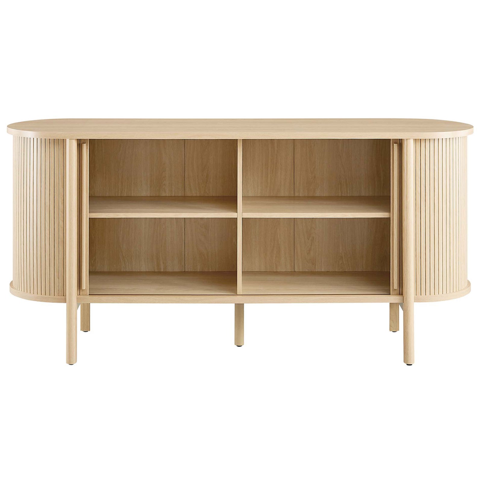 Oak fluted sideboard with both doors open, displaying four roomy compartments for media and decor. || EEI-6309-OAK || front_open_studio
