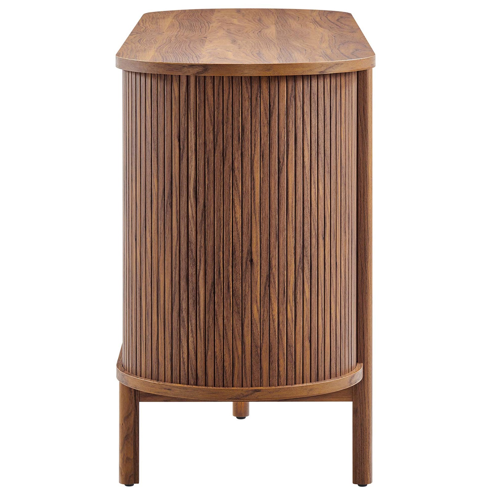 Slim oval-profile walnut sideboard showcasing its smooth curved ends and wood grain laminate finish || EEI-6309-WAL || side_studio