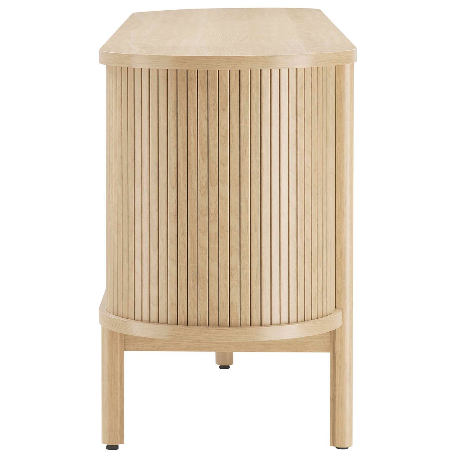 Slim side of the Cadence oak TV stand featuring rounded corner and vertical slat detail. || EEI-6310-OAK || side_studio