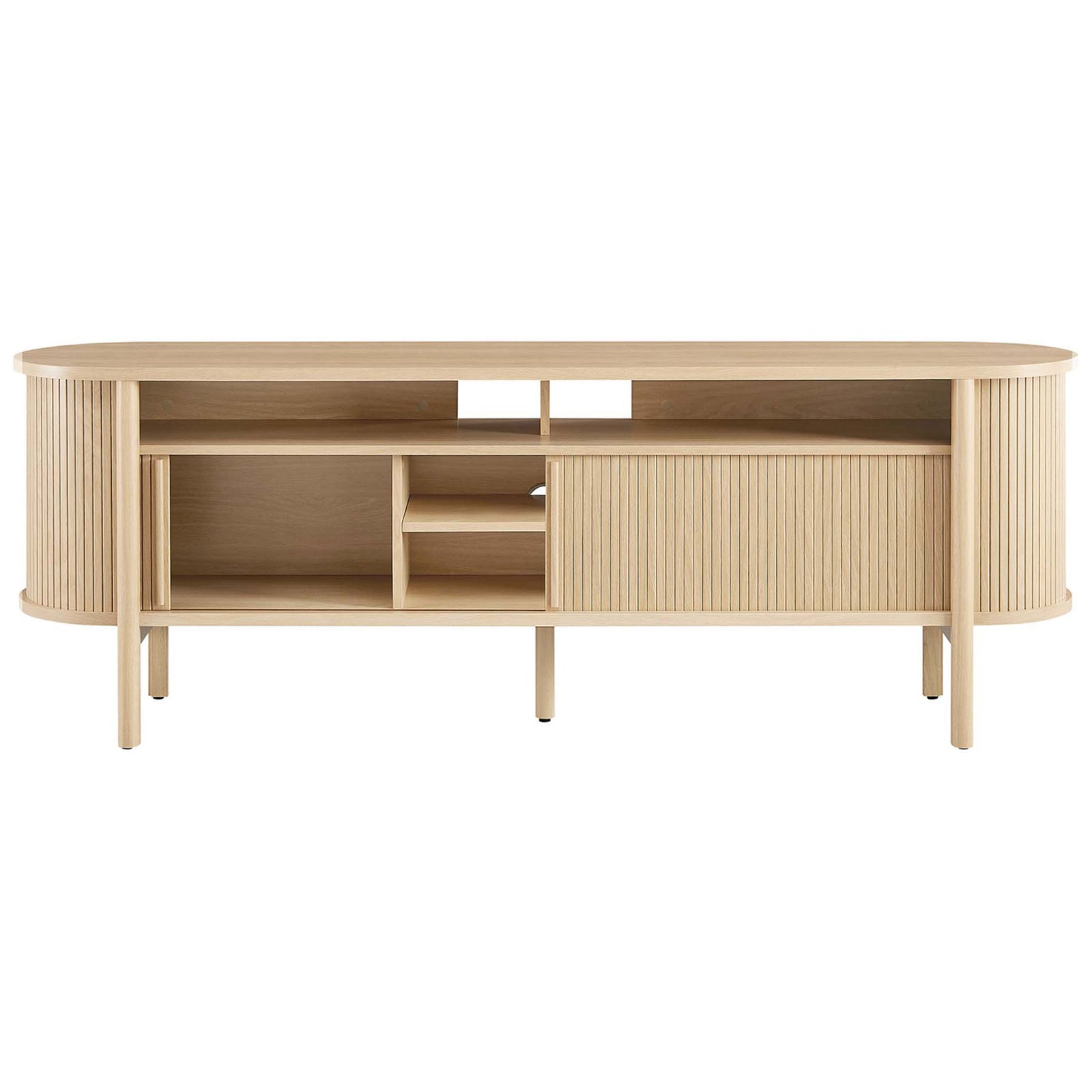 Oak TV console with opposite sliding door open to display flexible media storage options. || EEI-6310-OAK || front_open_studio