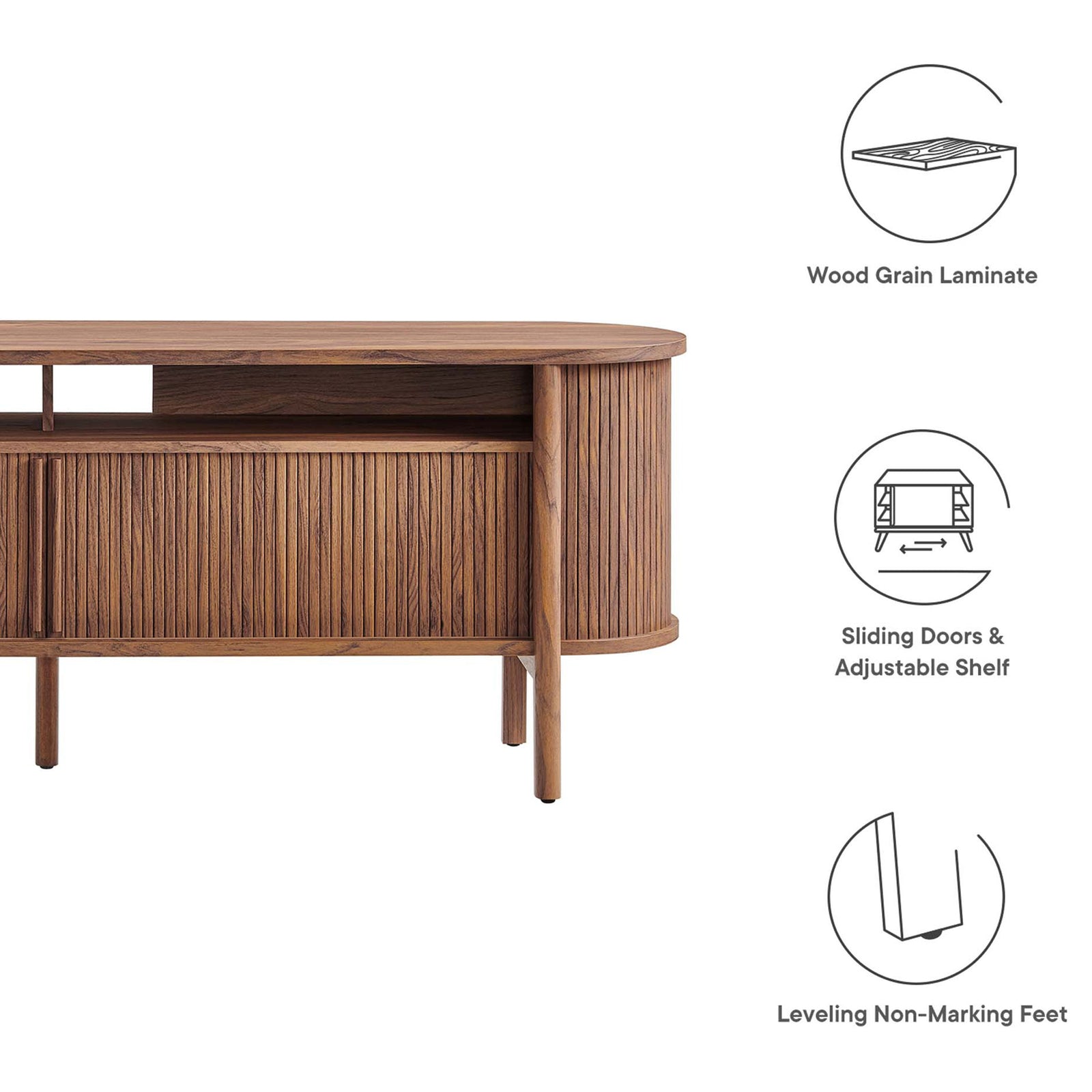 Key features of the Cadence walnut TV stand including wood grain laminate and adjustable storage. || EEI-6310-WAL || callout_studio
