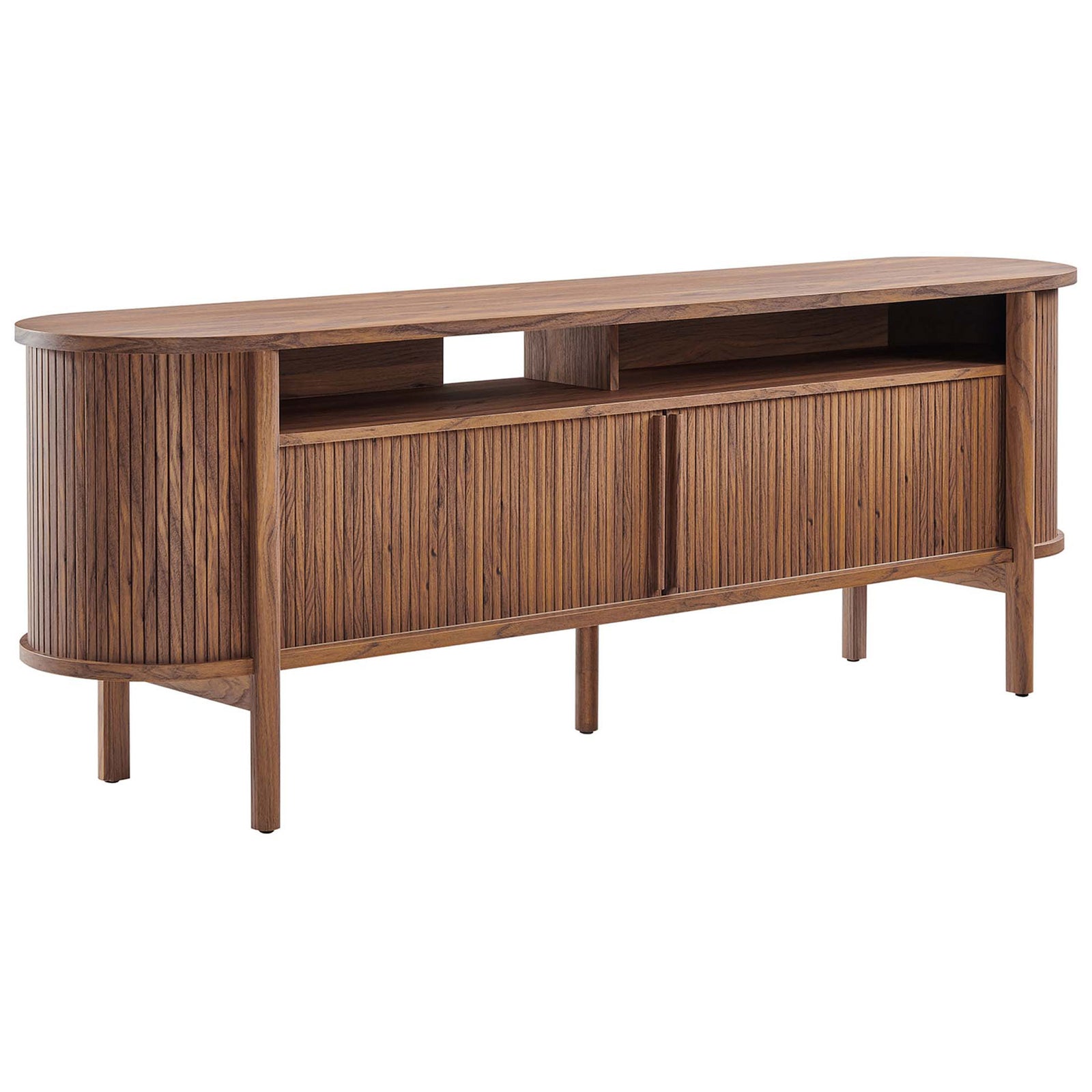 Curved walnut Cadence TV stand showcasing rich wood grain and fluted front design. || EEI-6310-WAL || front_angle_studio