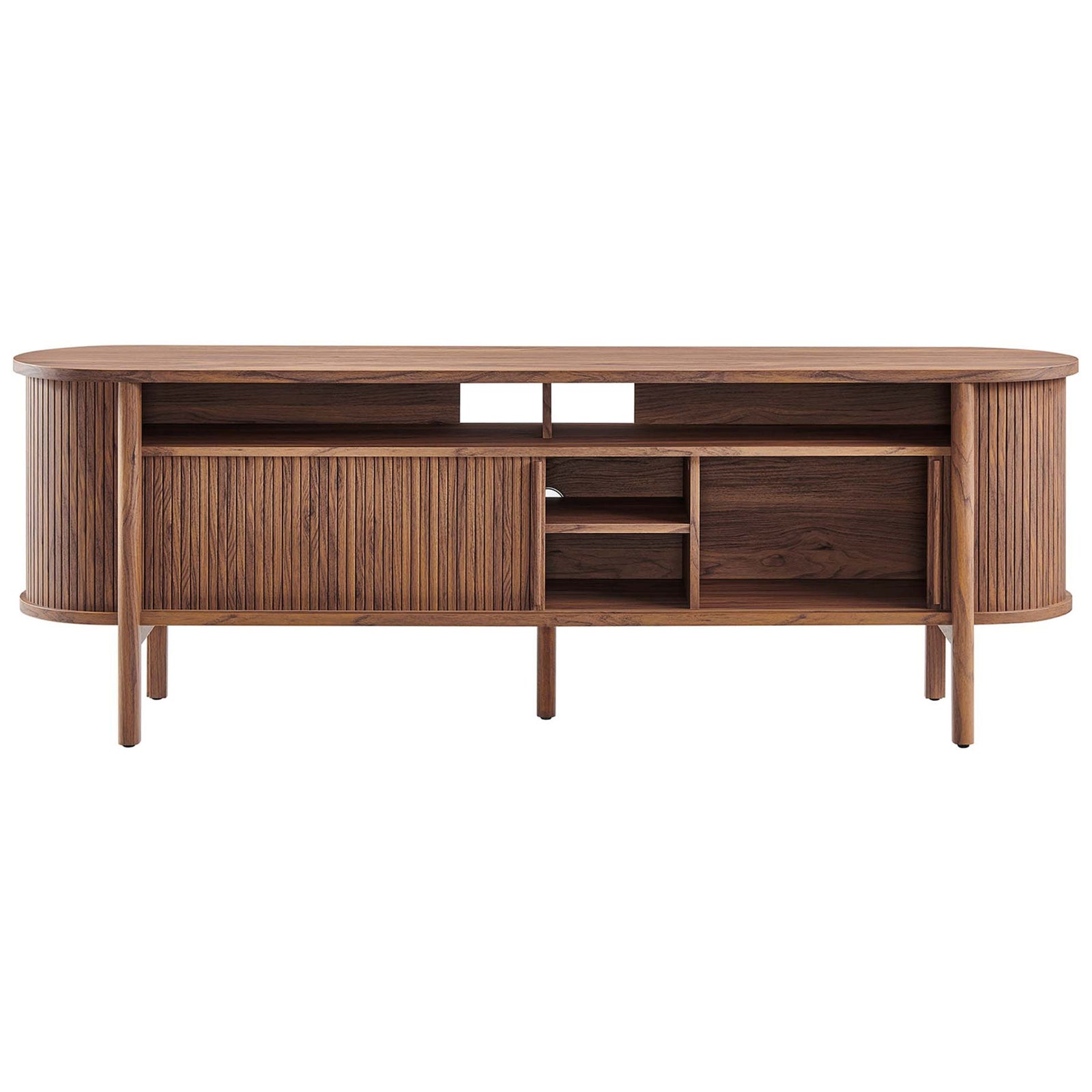 Walnut Cadence TV cabinet with alternate door position open to show flexible storage layout. || EEI-6310-WAL || front_open_studio