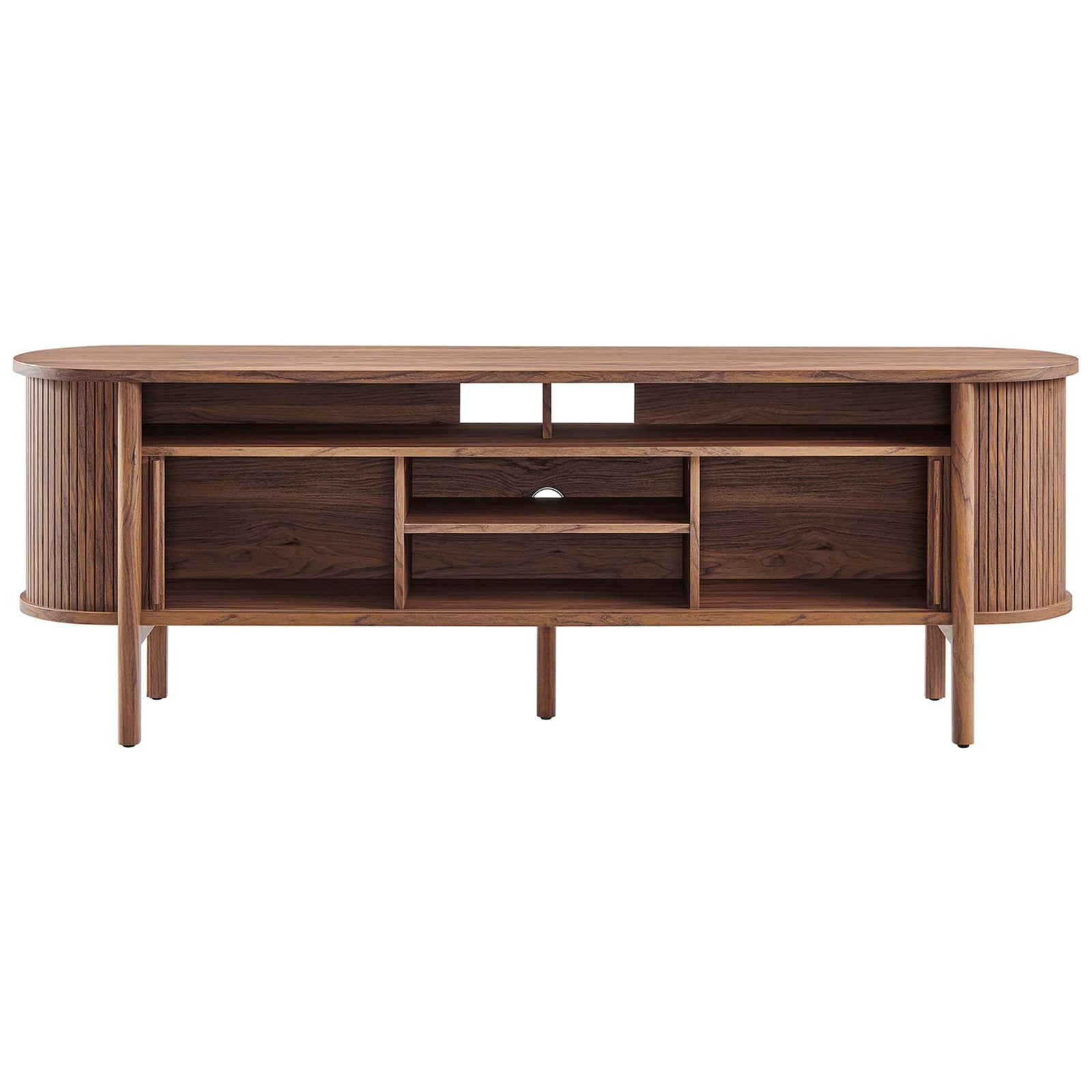 Walnut TV console with both sliding doors open to reveal full-length shelving and cable cutout. || EEI-6310-WAL || front_open_studio