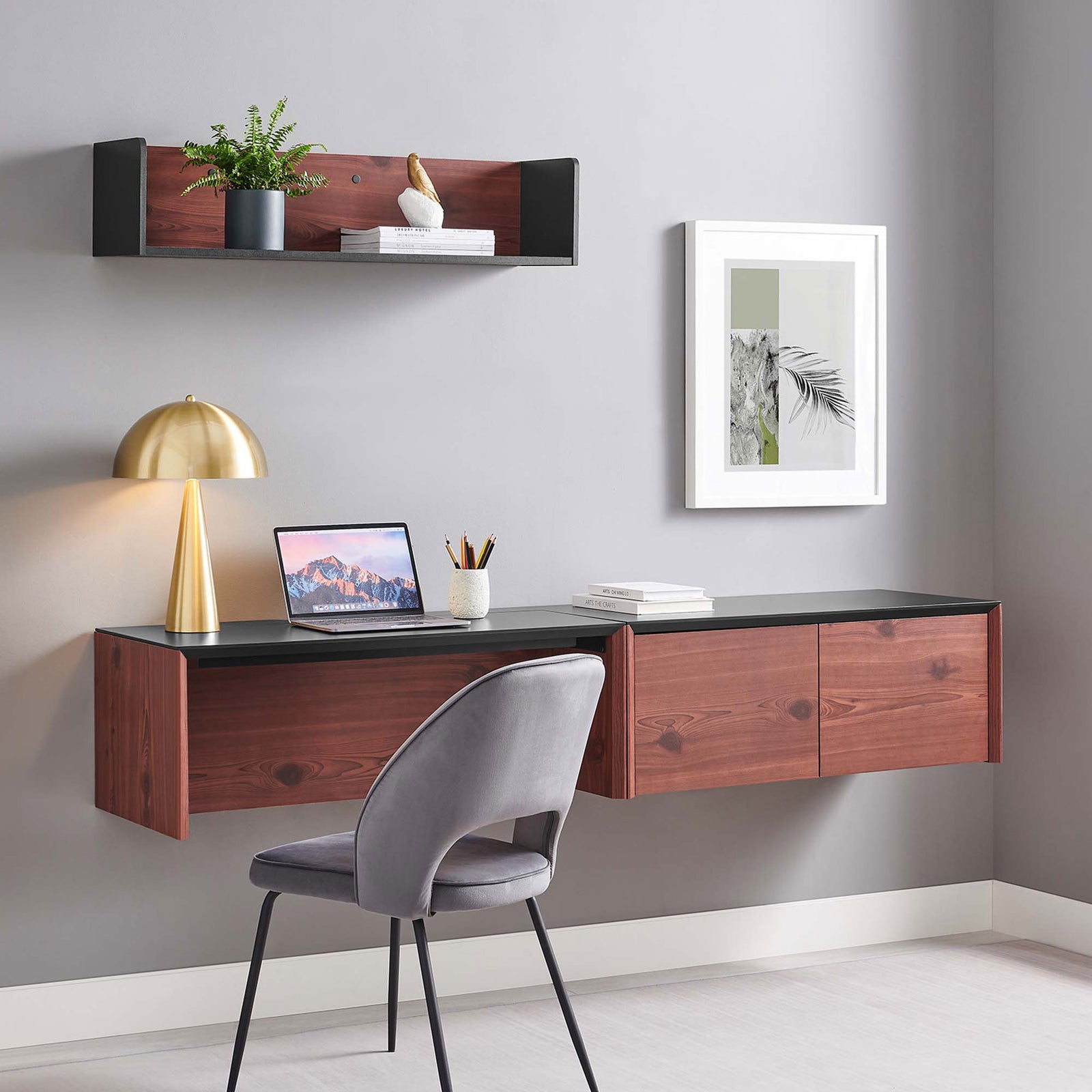Complete wall-mounted workstation with desk, cabinet, and open shelf in black cherry || EEI-6311-BLK-CHE || front_angle_room