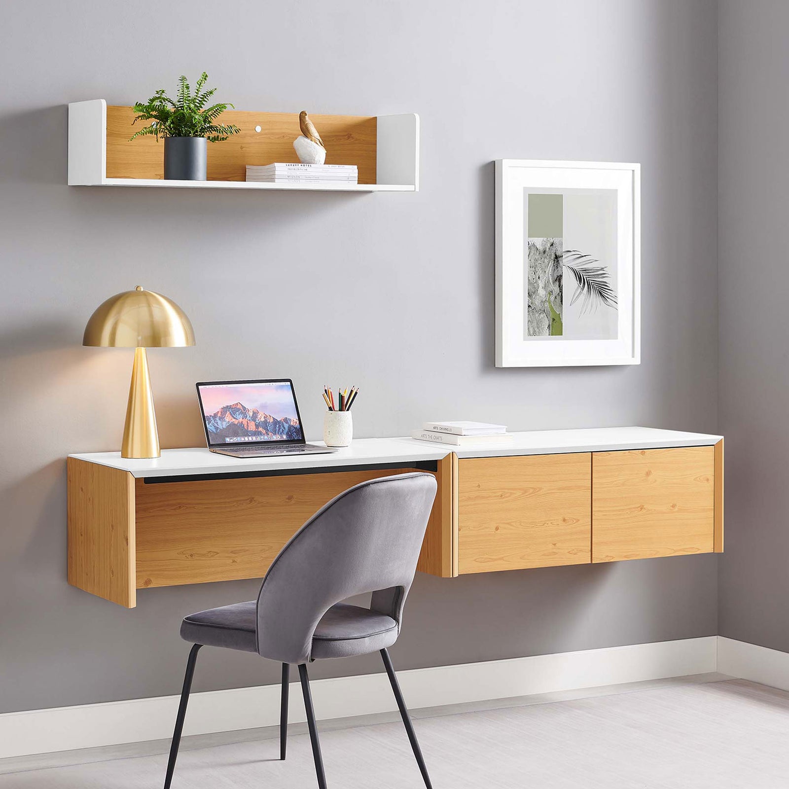 Complete wall-mount workstation pairing desk, cabinet, and shelf to organize a bright, modern office || EEI-6311-WHI-NAT || front_angle_room