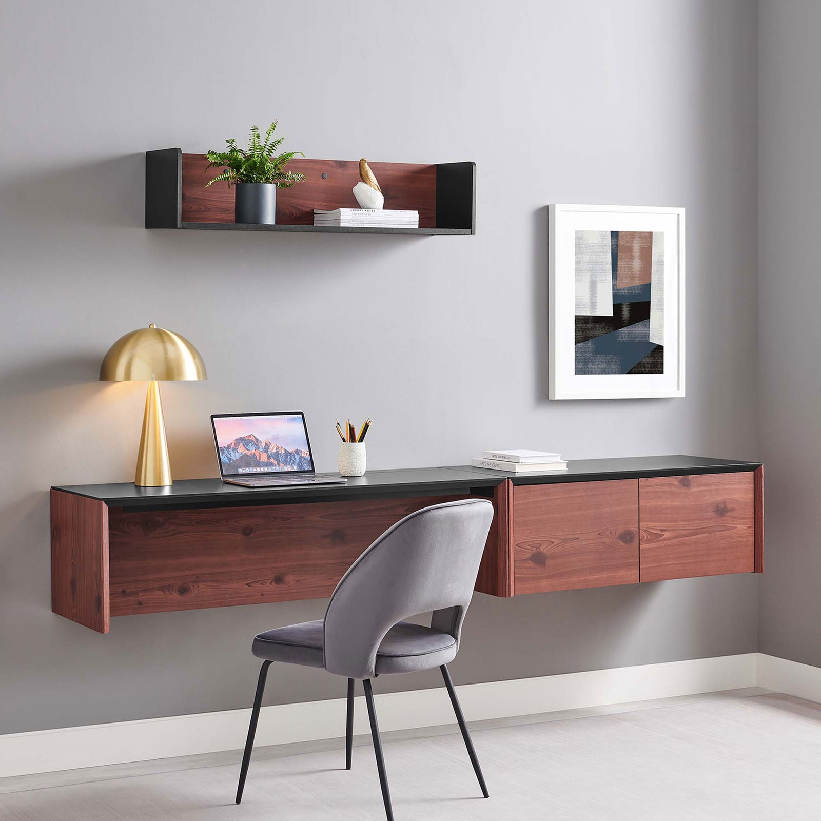 Wall-mounted desk set creates an airy, modern workstation with coordinating shelf || EEI-6312-BLK-CHE || front_angle_room
