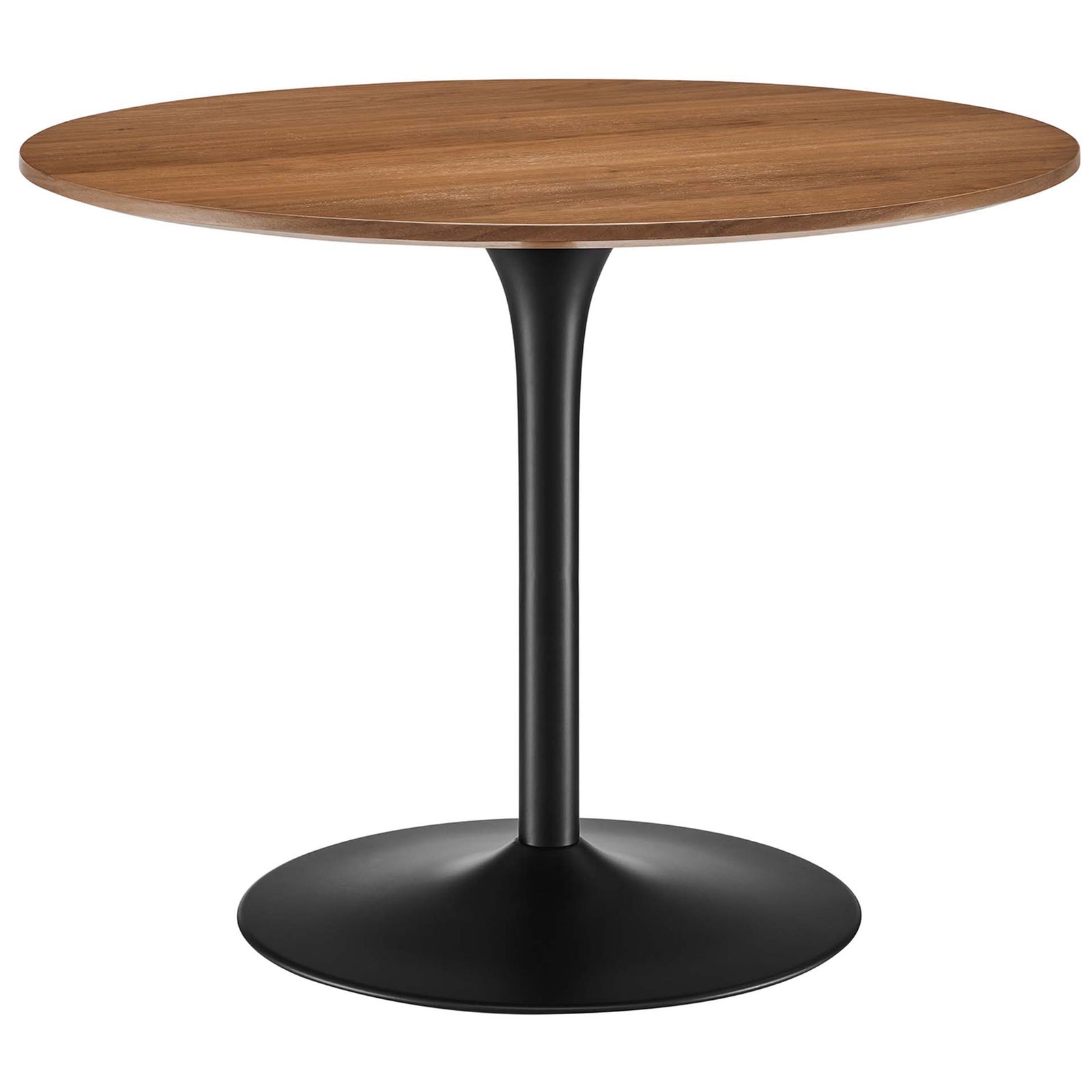 Walnut round pedestal dining table with slim black metal base for modern small-space dining. || EEI-6313-WAL-BLK || front_angle_studio
