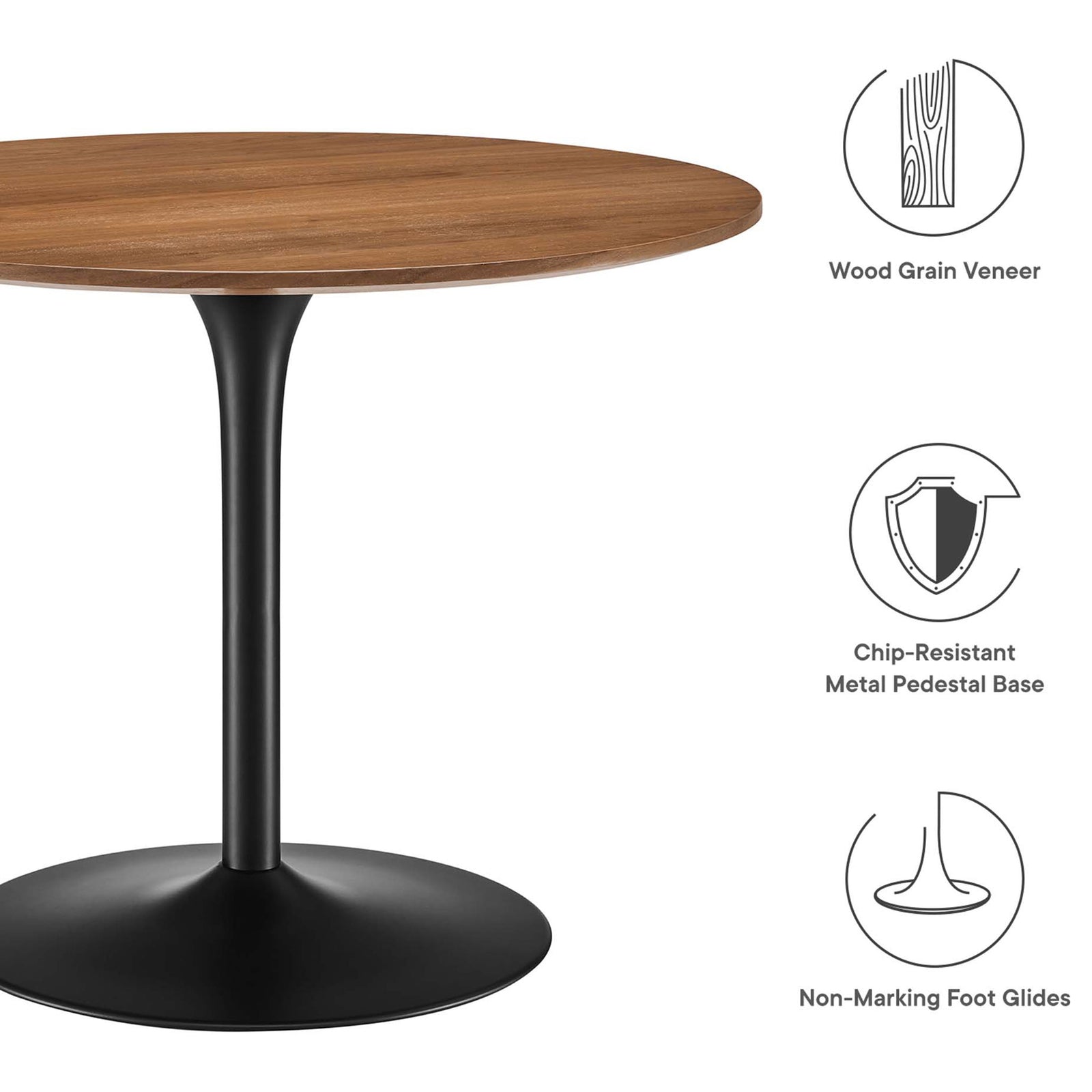 Feature callouts highlighting wood veneer top, chip resistant pedestal base, and non marking foot glides. || EEI-6313-WAL-BLK || callout_studio