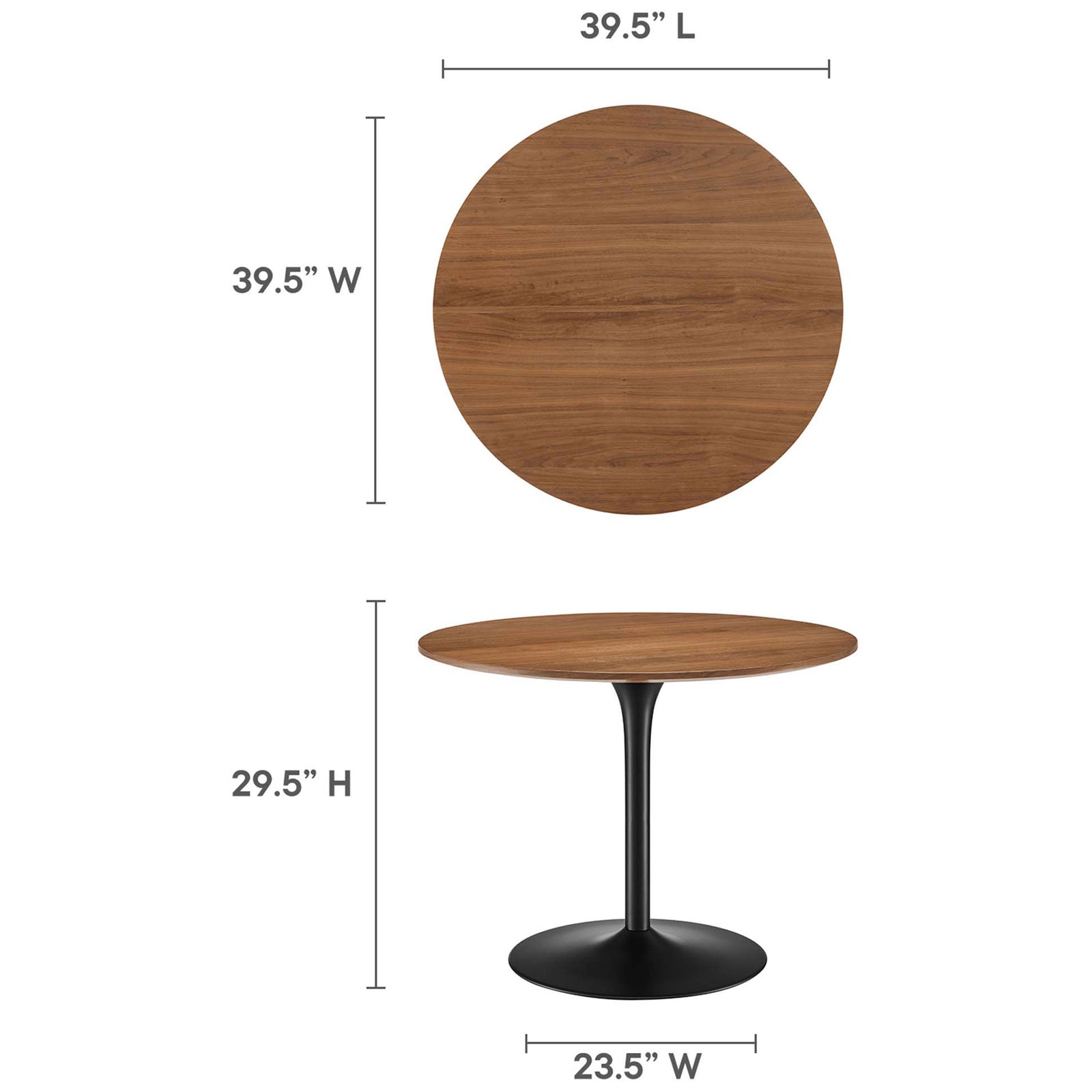 Dimension diagram of round dining table with measurements for tabletop diameter, height, and base width. || EEI-6313-WAL-BLK || dimension_studio