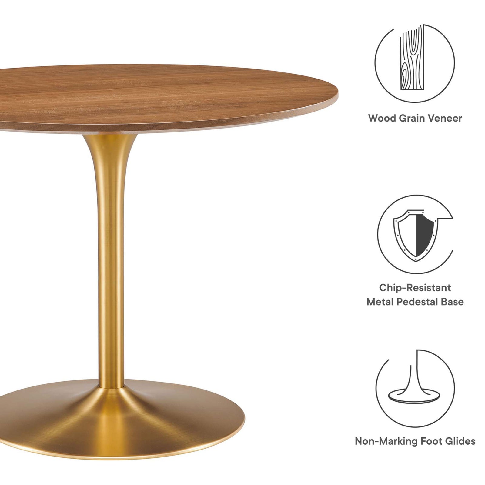 Walnut veneer dining table with gold pedestal base highlighting wood grain, chip resistance, and non-marking glides || EEI-6313-WAL-GLD || callout_studio