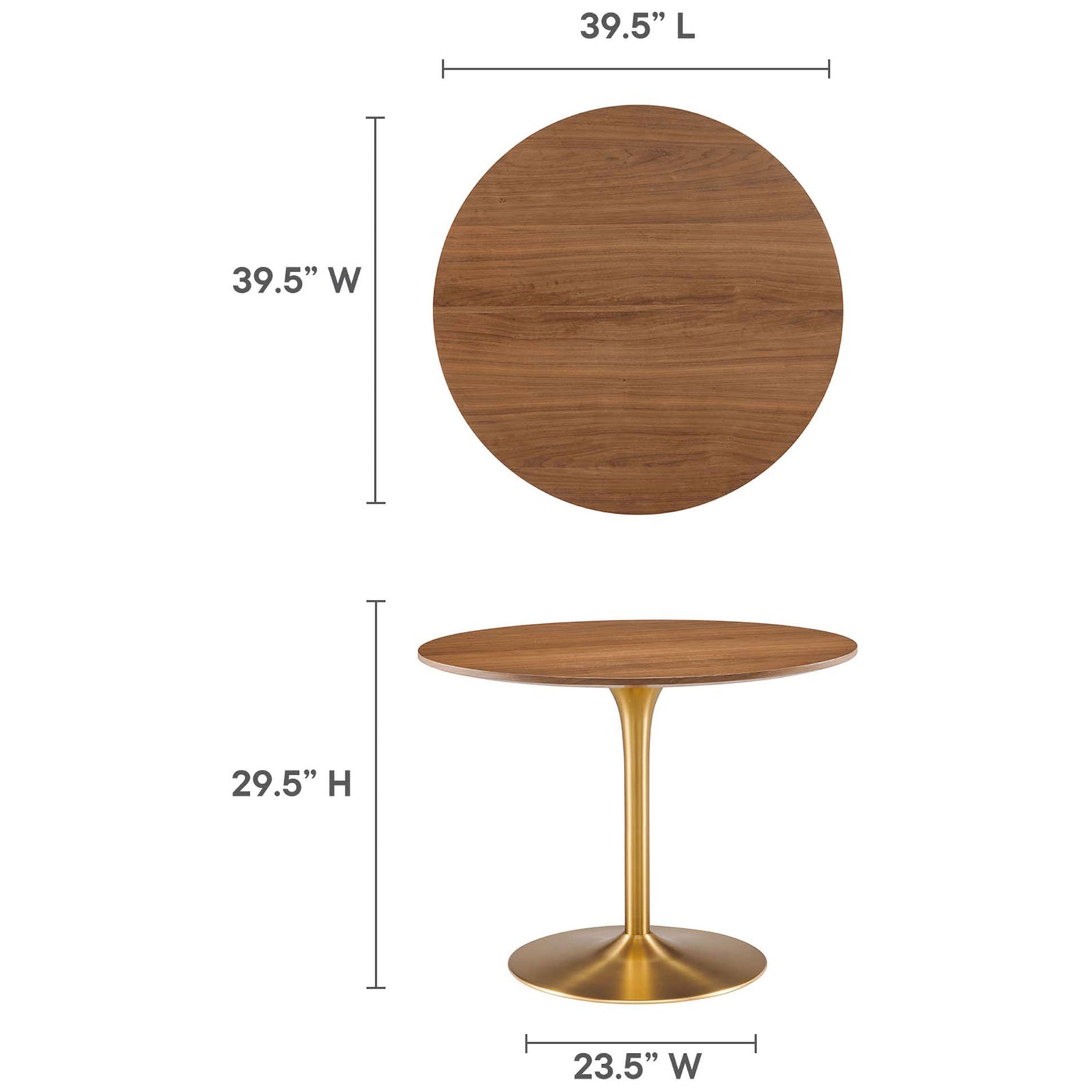 Pursuit round dining table shown with overall height and 39.5-inch diameter dimensions for space planning || EEI-6313-WAL-GLD || dimension_studio