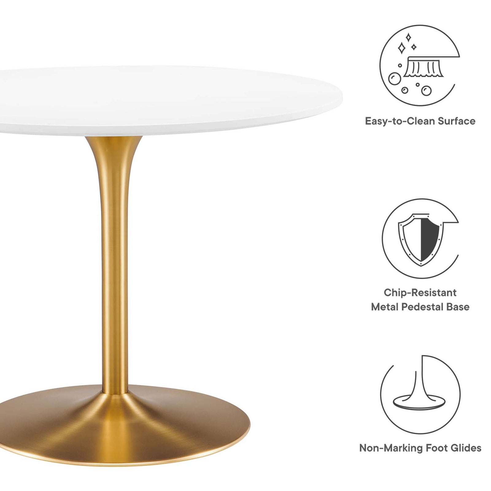 Feature icons highlight the easy-clean top, chip-resistant base, and non-marking foot glides || EEI-6313-WHI-GLD || callout_studio