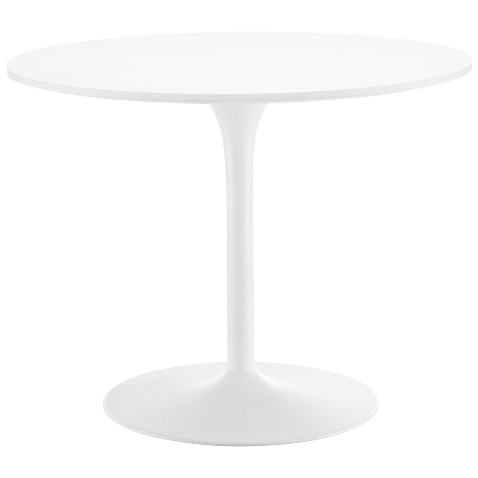 Sleek white round pedestal dining table with a modern mid-century silhouette for four || EEI-6313-WHI-WHI || front_studio