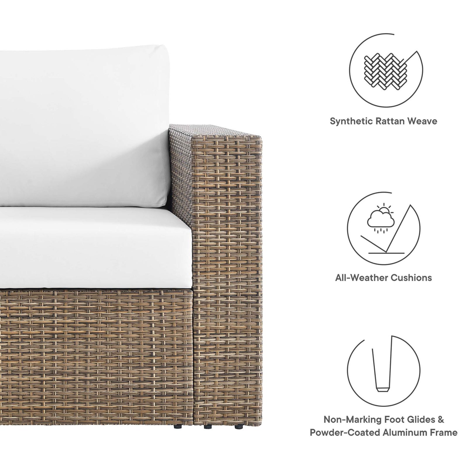Outdoor armchair highlighting synthetic rattan weave, all weather cushions, and durable aluminum frame || EEI-6326-CAP-WHI || callout_studio