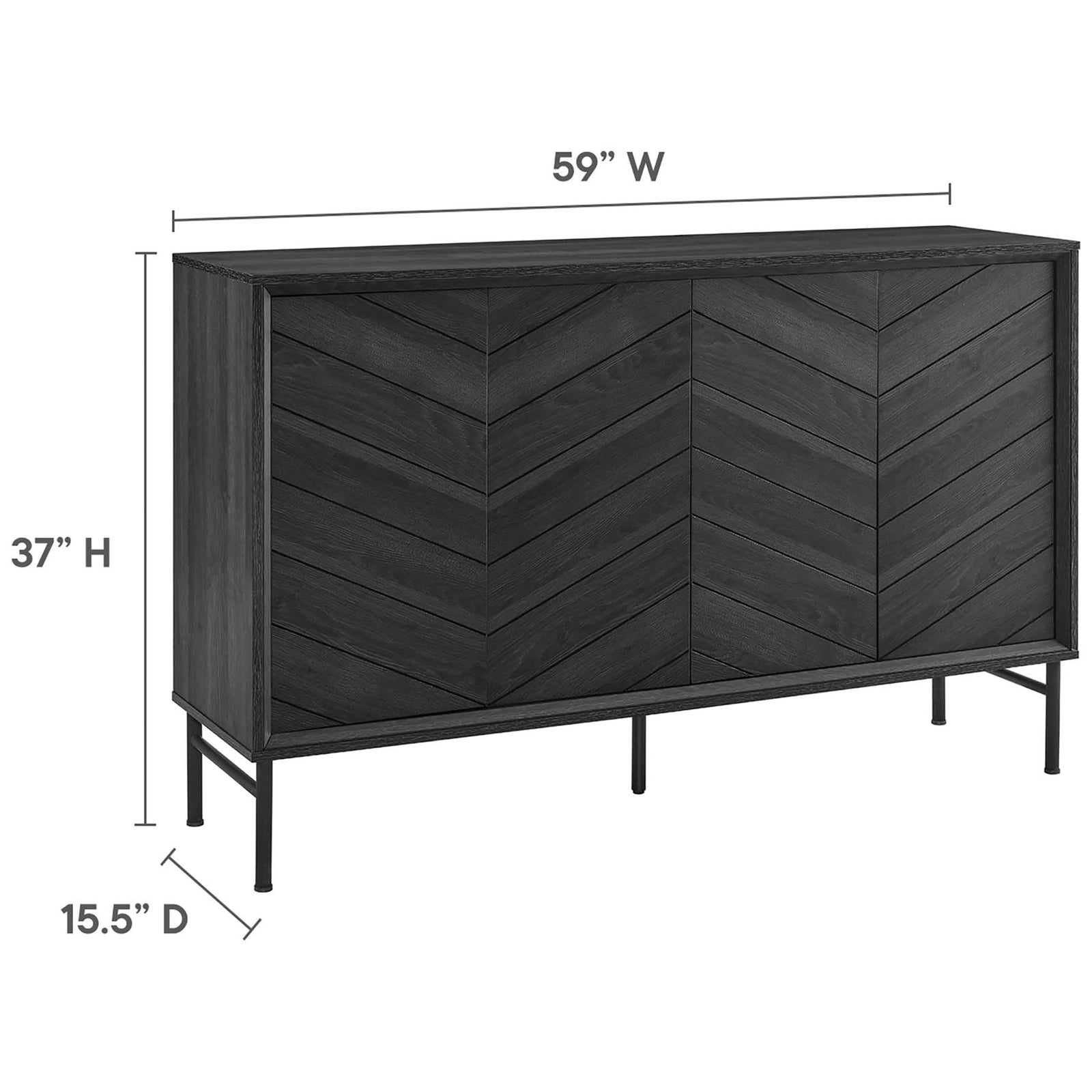 Black chevron sideboard with overlay graphics showing 59 inch width, 15.5 inch depth, and 37 inch height || EEI-6336-BLK || dimension_studio