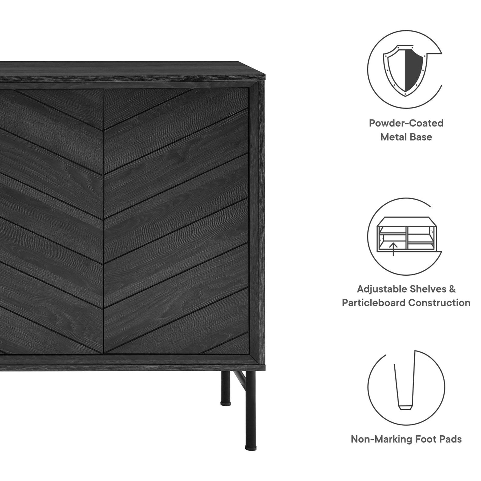 Sideboard with icons highlighting powder-coated metal base, adjustable shelves, and non-marking foot pads || EEI-6336-BLK || callout_studio