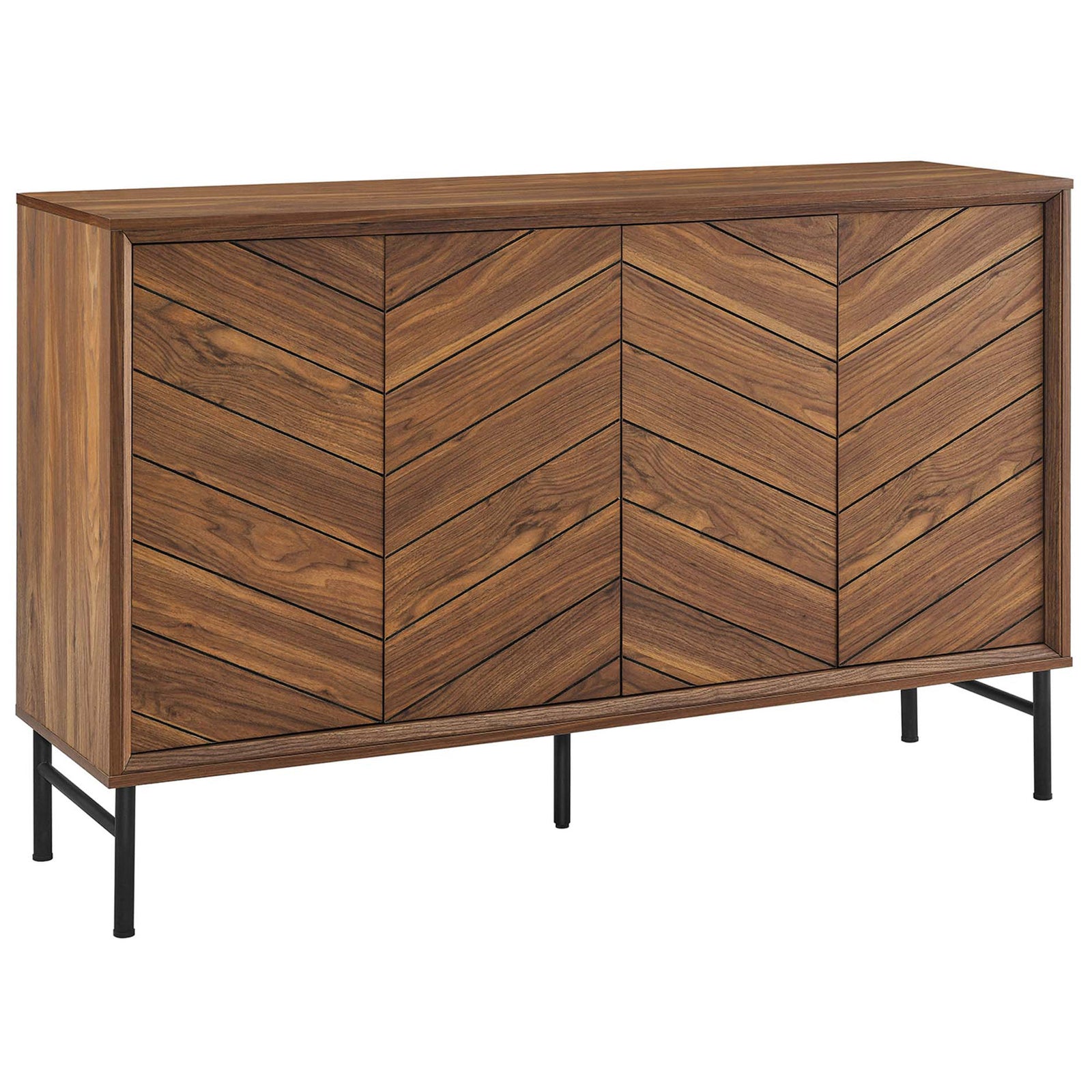Walnut chevron sideboard with sleek black metal base and flush push-to-close doors. || EEI-6336-WAL || front_angle_studio
