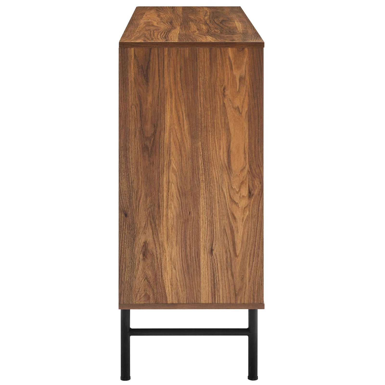 Slim walnut cabinet profile on black metal legs highlighting the rich wood grain finish. || EEI-6336-WAL || side_studio