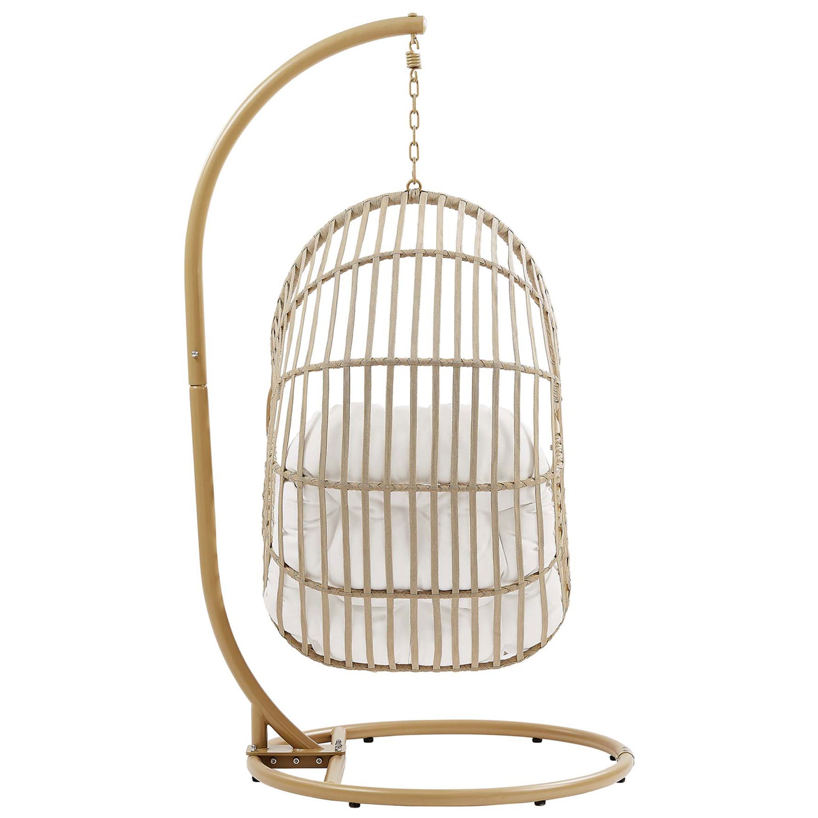 Woven rattan swing chair with curved grid design and supportive steel stand for outdoor lounging || EEI-6337-NAT-WHI || back_studio
