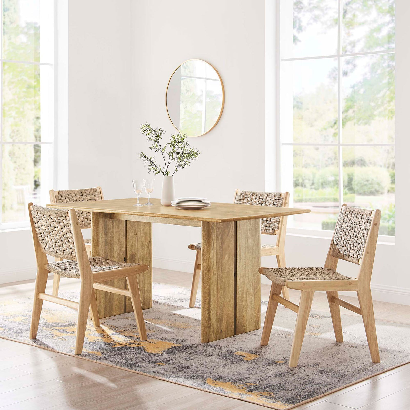 60 inch oak dining table styled with woven chairs for a light, inviting dining space. || EEI-6338-OAK || front_angle_room