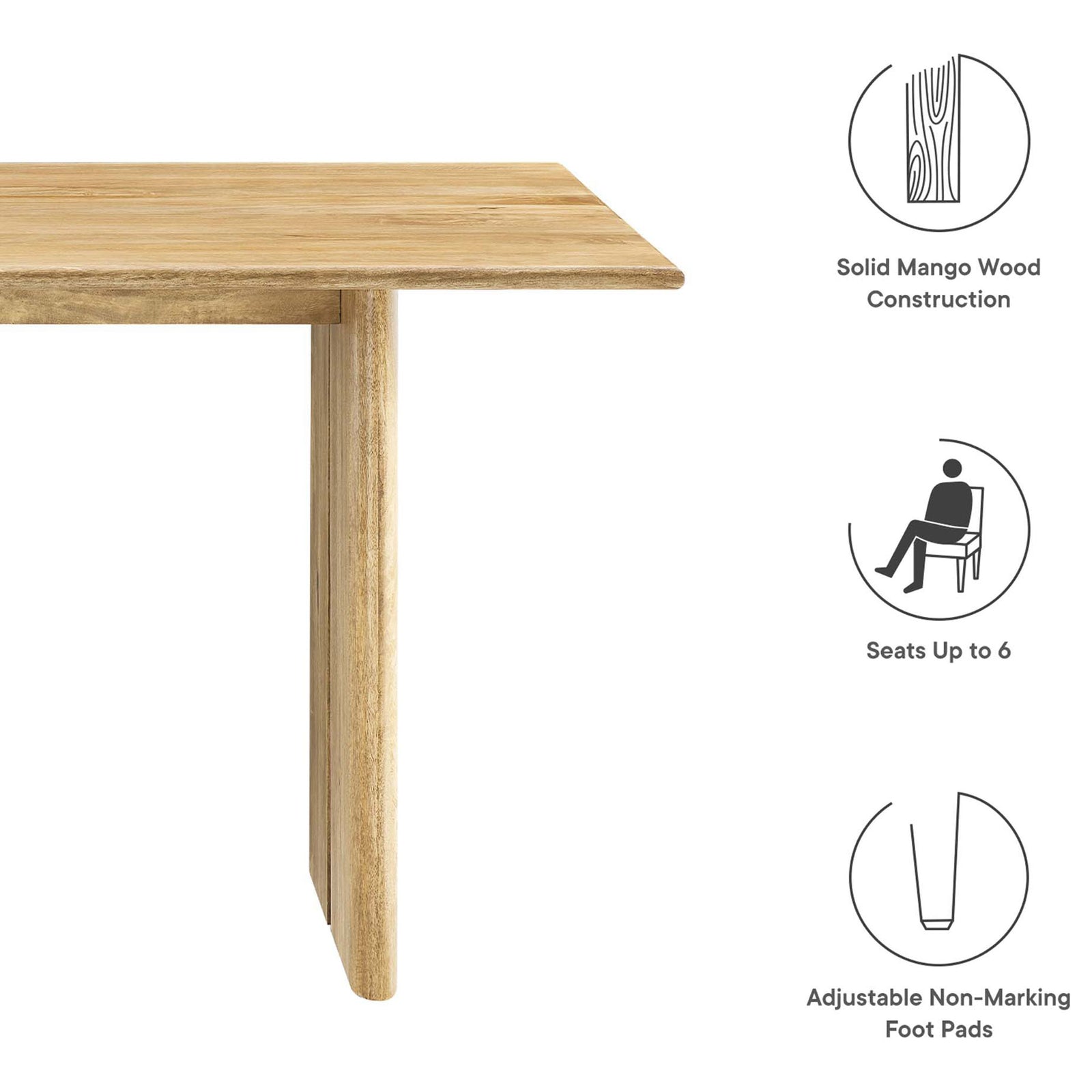 Feature graphic for the 60 inch dining table highlighting solid mango wood and seating for six. || EEI-6338-OAK || callout_studio
