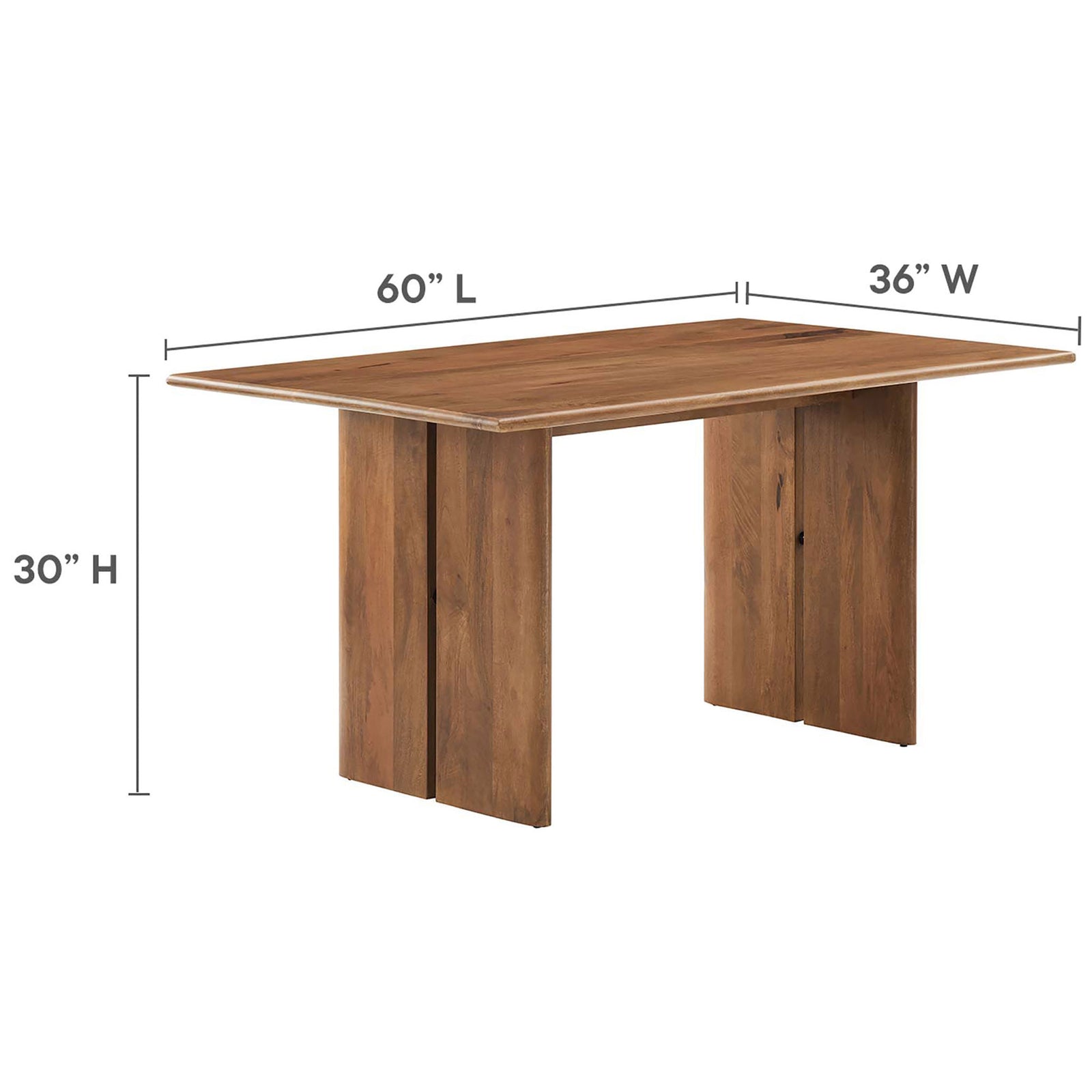 Diagram of Amistad 60 inch dining table with labeled length width and height measurements || EEI-6338-WAL || dimension_studio