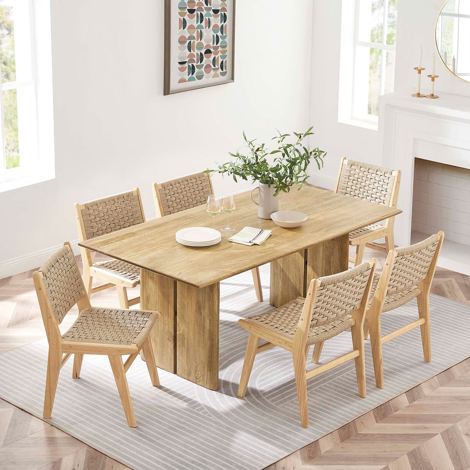 72 inch oak dining table centered on a striped rug with six matching chairs for gatherings. || EEI-6339-OAK || top_angle_room