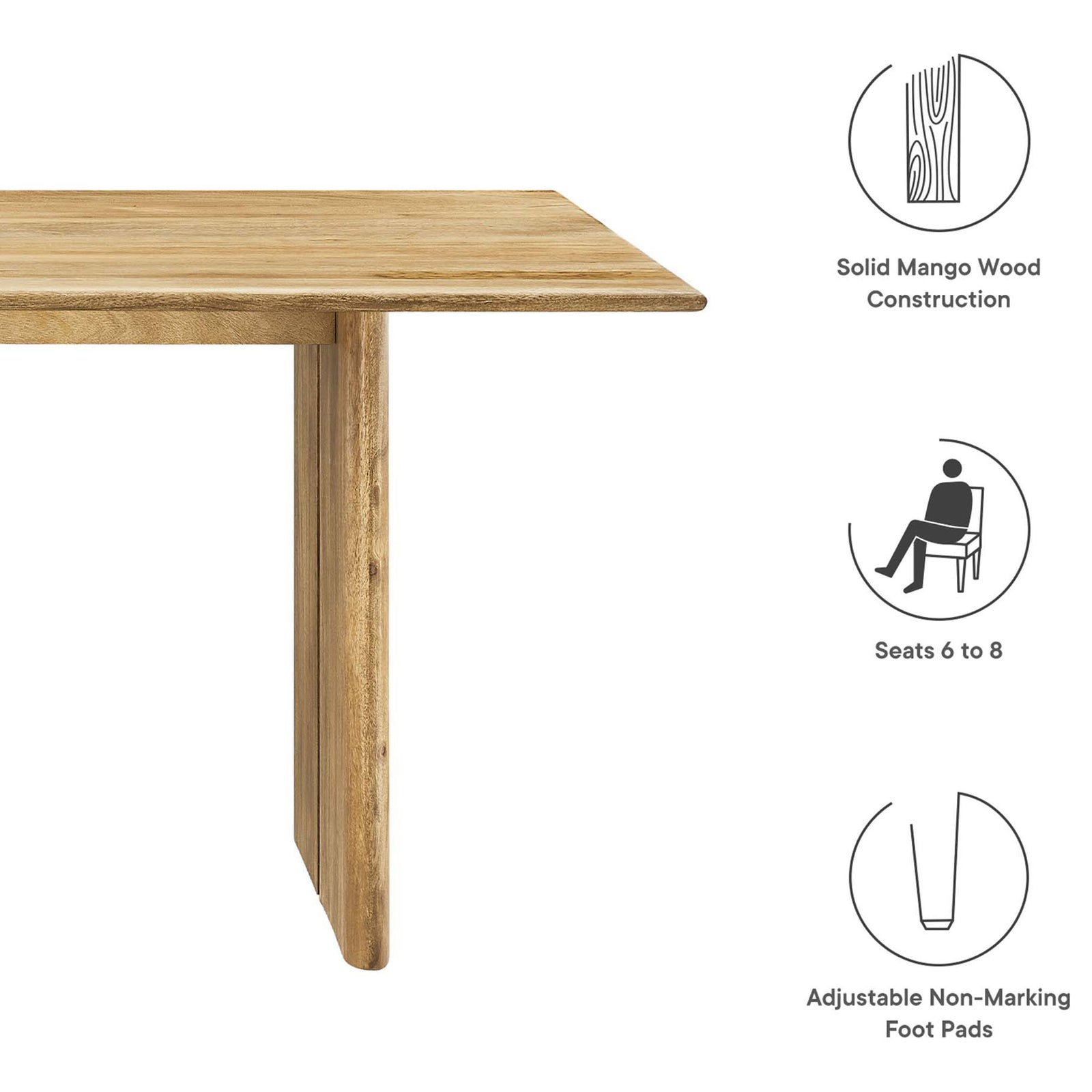 Feature graphic for the 72 inch dining table showing solid wood build and seating for six to eight. || EEI-6339-OAK || callout_studio