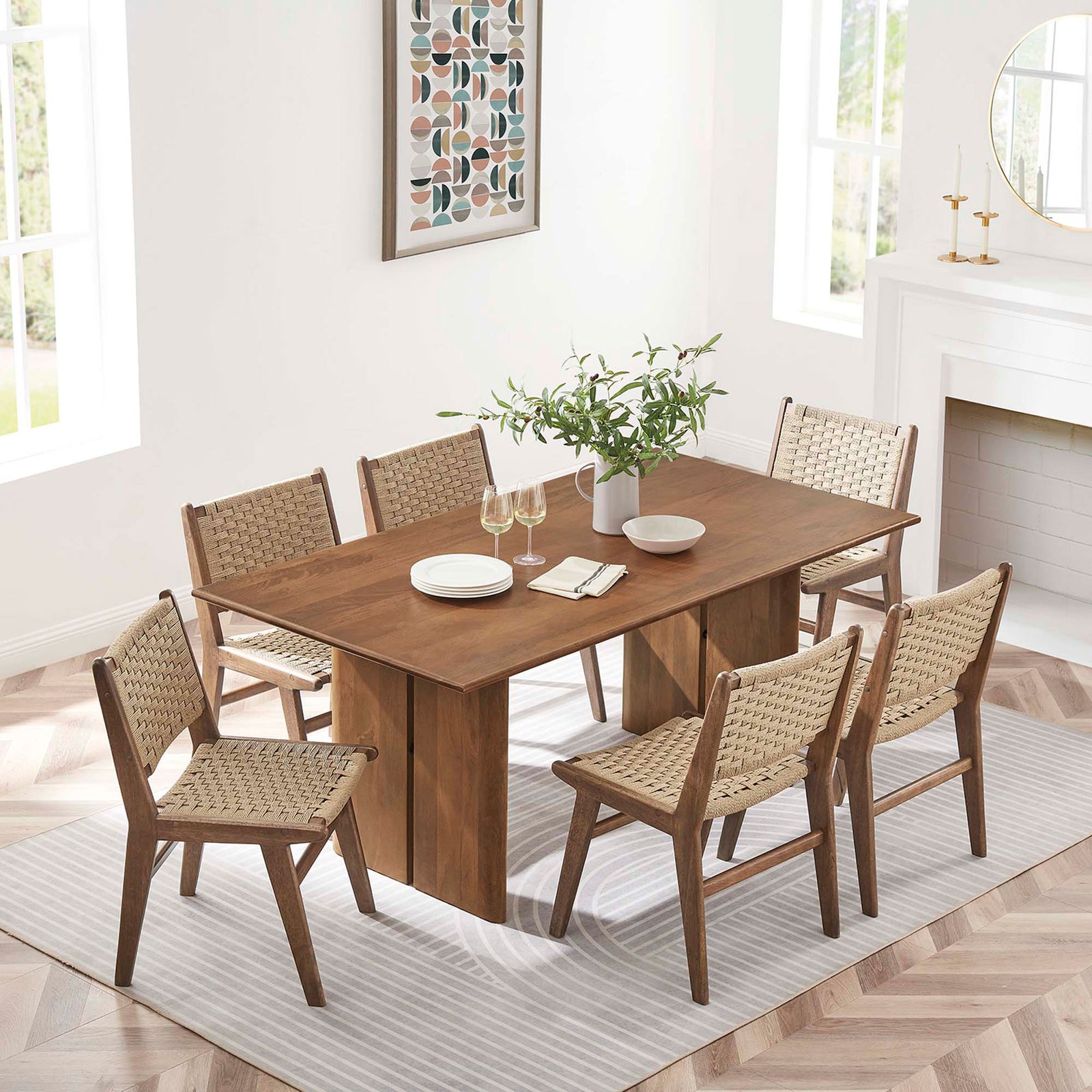 Dining room layout featuring the 72 inch Amistad table centered on a striped area rug || EEI-6339-WAL || top_angle_room