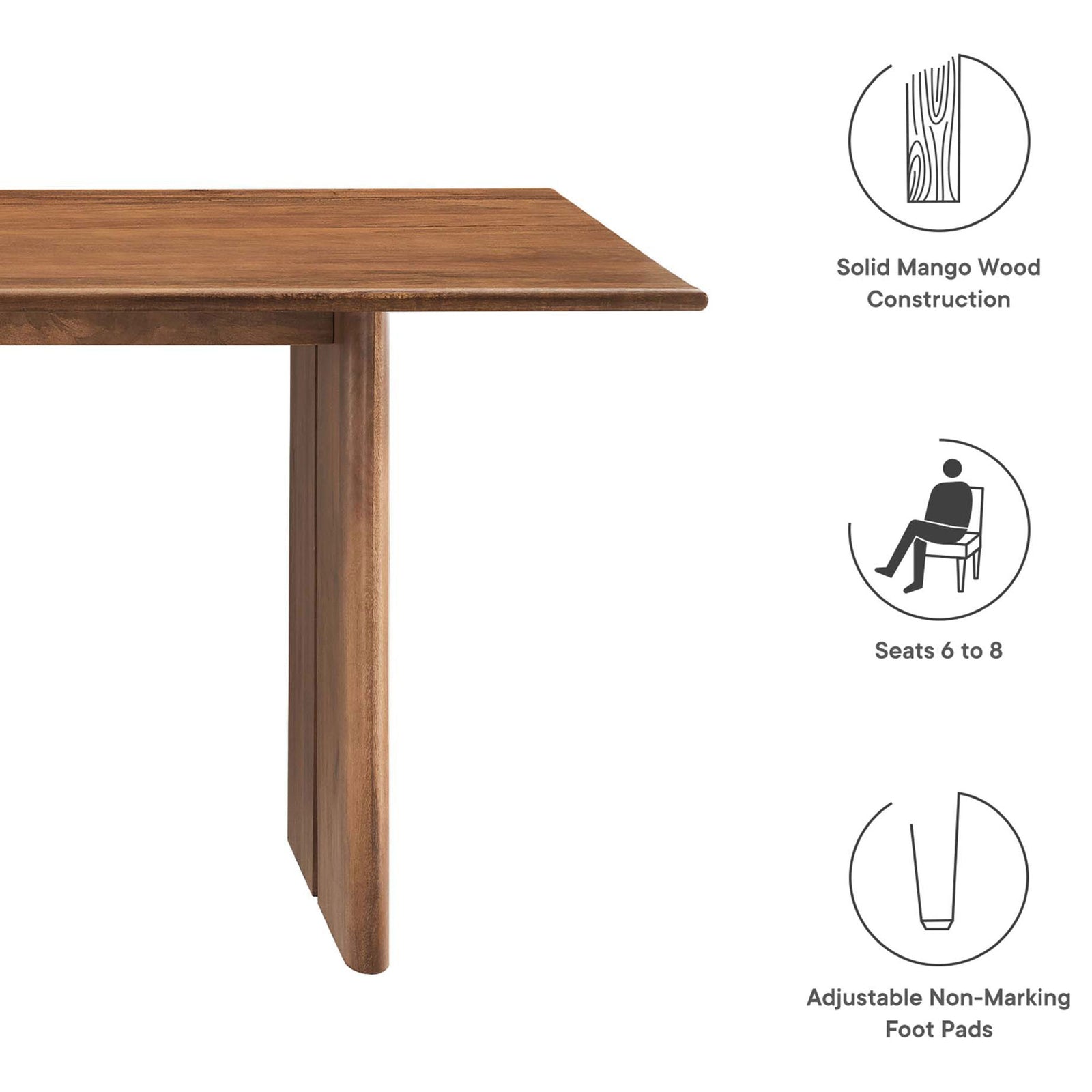 Graphic listing Amistad 72 inch table features solid mango wood seating for six to eight and foot pads || EEI-6339-WAL || callout_studio