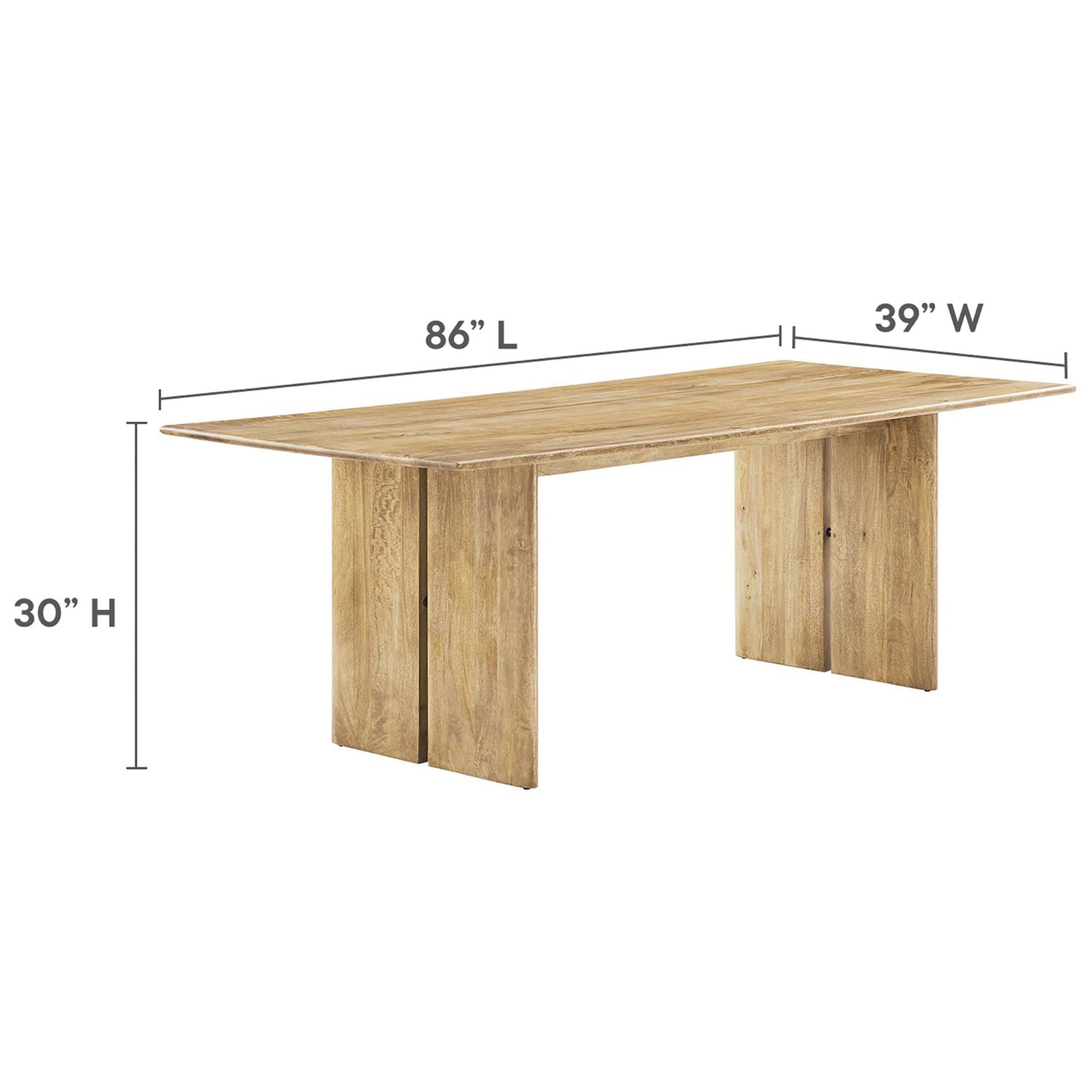 Measurement graphic for the 86 inch oak dining table with overall length, width, and height. || EEI-6340-OAK || dimension_studio