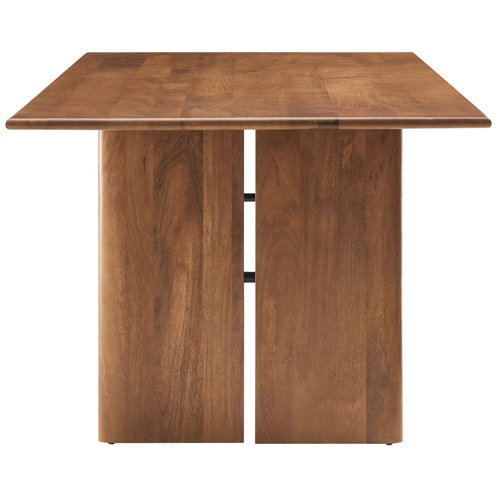 Amistad 86 inch dining table showcasing the thick tabletop profile and sturdy panel base || EEI-6340-WAL || side_studio