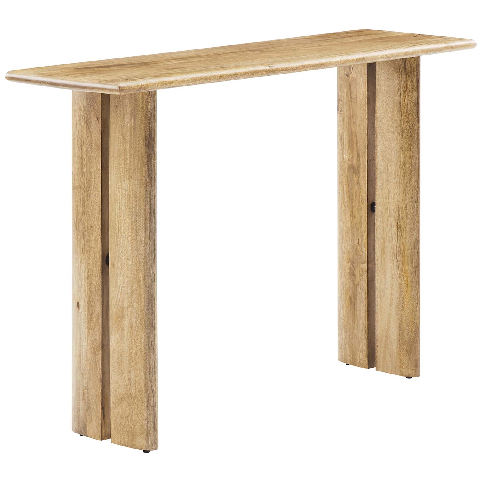Slim mango wood console with rounded edges and split-leg base in warm oak finish || EEI-6342-OAK || front_angle_studio