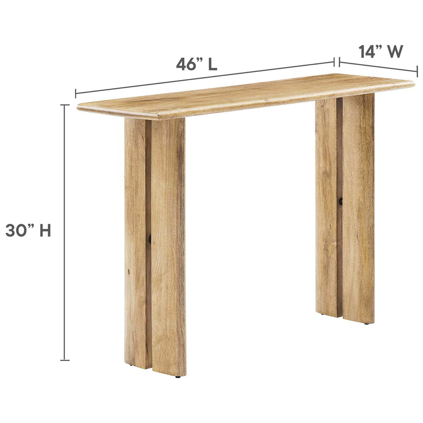 Compact console table sized 46 in long, 14 in wide, and 30 in high || EEI-6342-OAK || dimension_studio