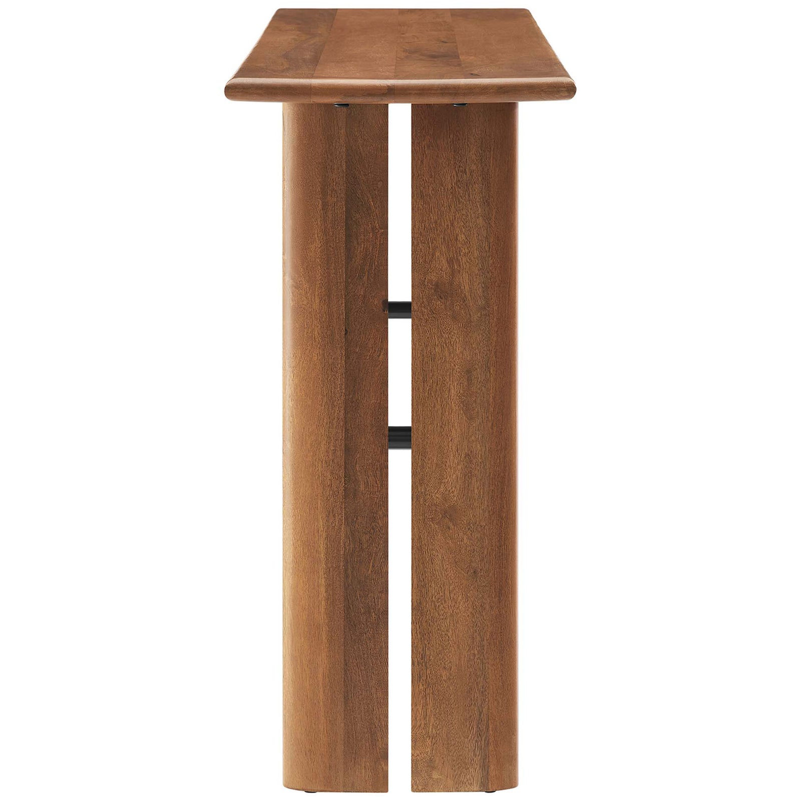 Slim profile console showcases thick rounded top and clean vertical legs in rich walnut finish. || EEI-6342-WAL || side_studio