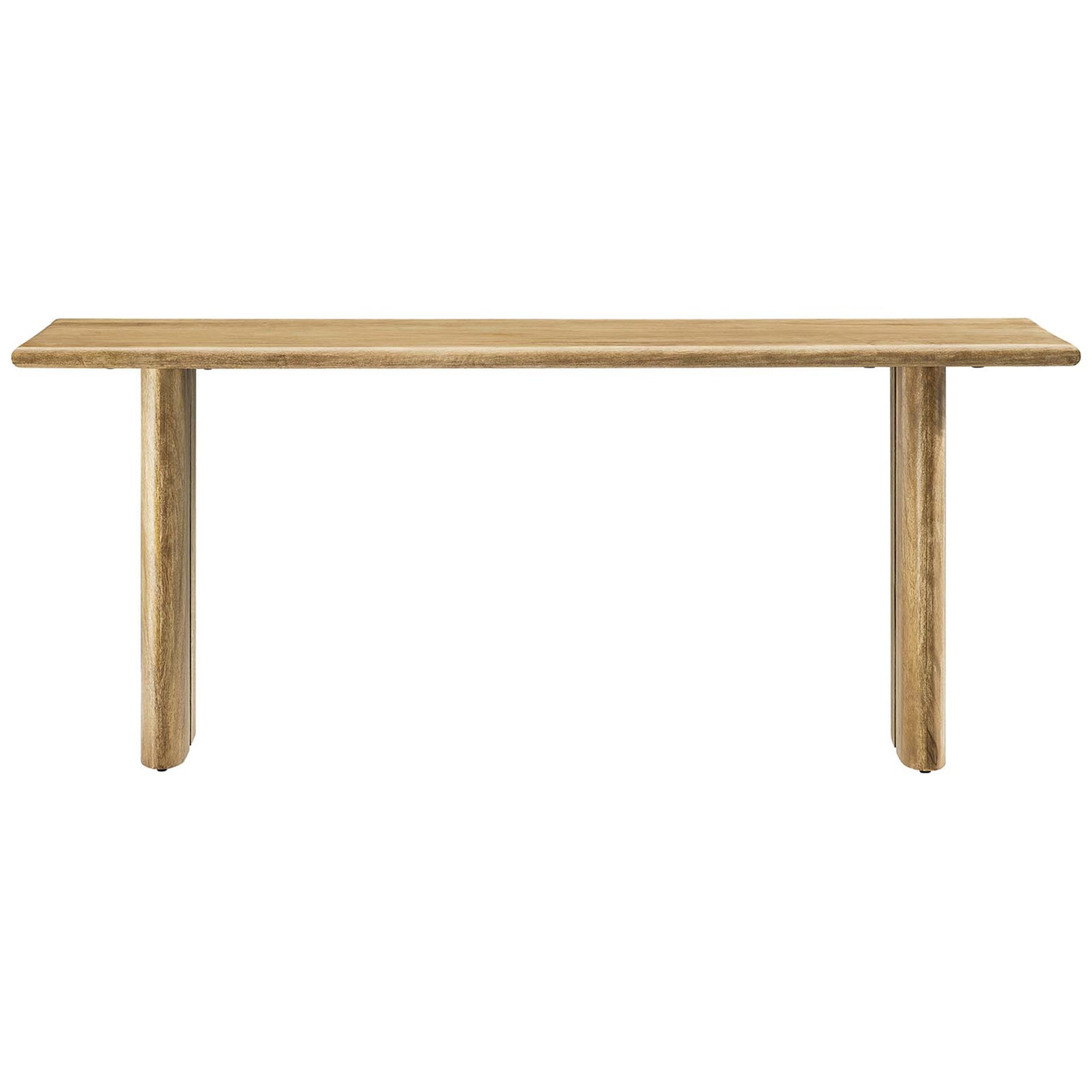 Warm oak mango wood bench with rounded edges and dual-plank legs for a timeless, sturdy look. || EEI-6343-OAK || front_studio