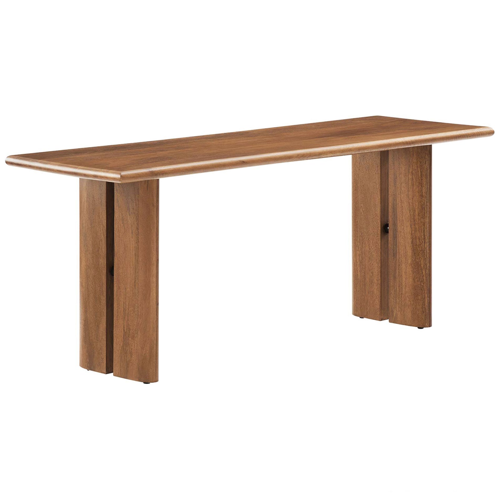 Rich wood grain and twin-panel legs give this bench a clean, modern farmhouse presence. || EEI-6343-WAL || front_angle_studio