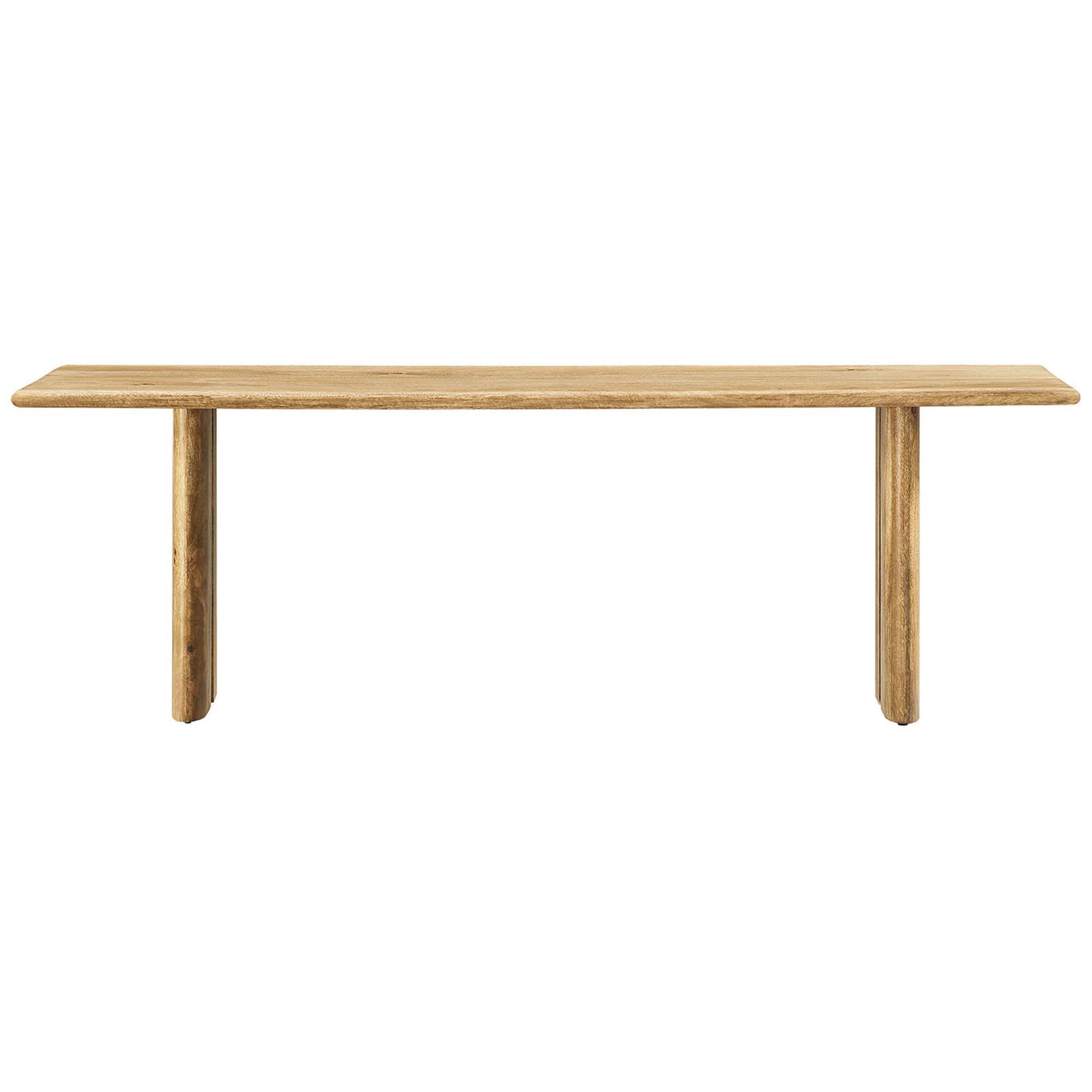 Longer mango wood bench balances slim beveled top with bold, sculptural legs. || EEI-6344-OAK || front_studio