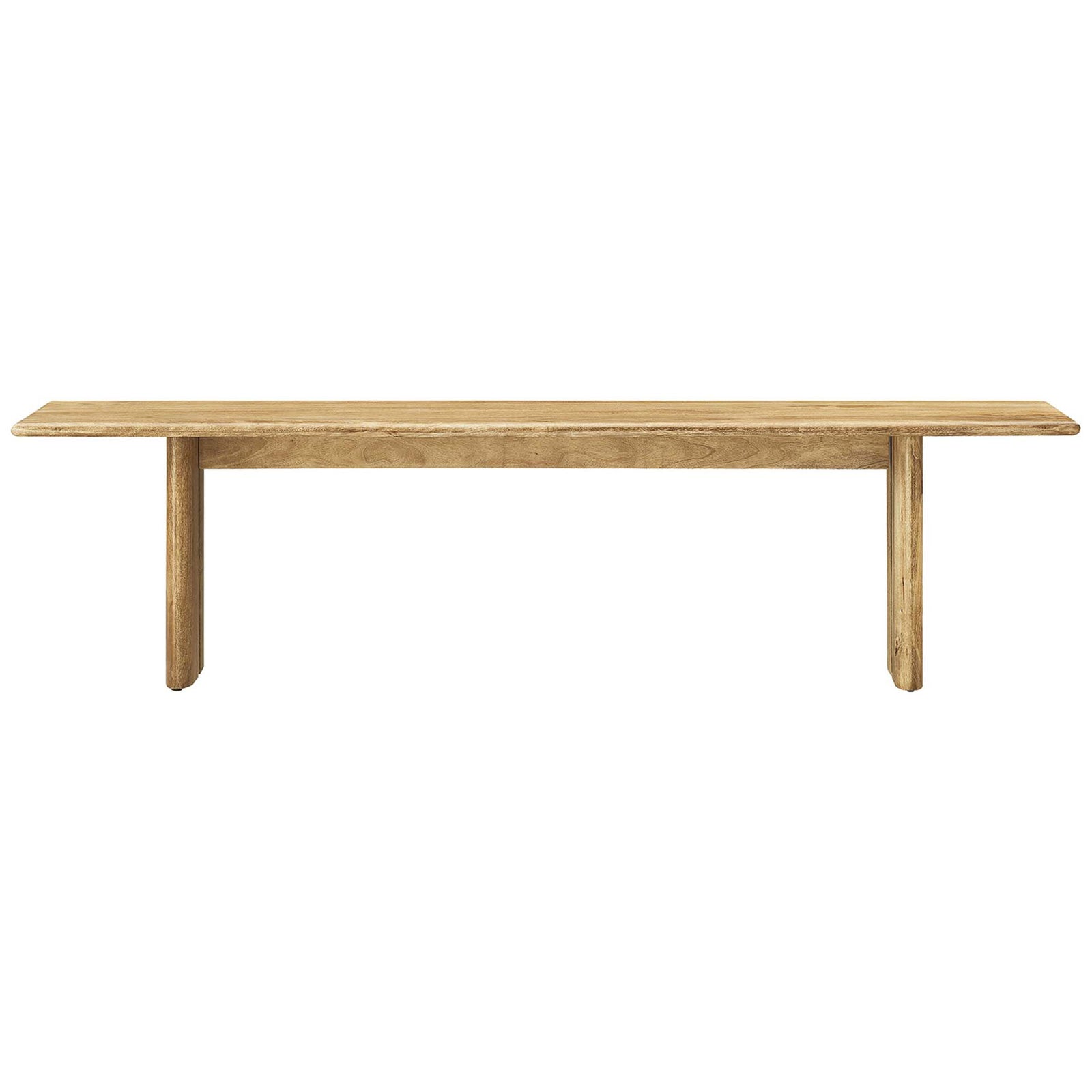 Expansive mango wood bench with softened edges and confident, architectural legs. || EEI-6345-OAK || front_studio